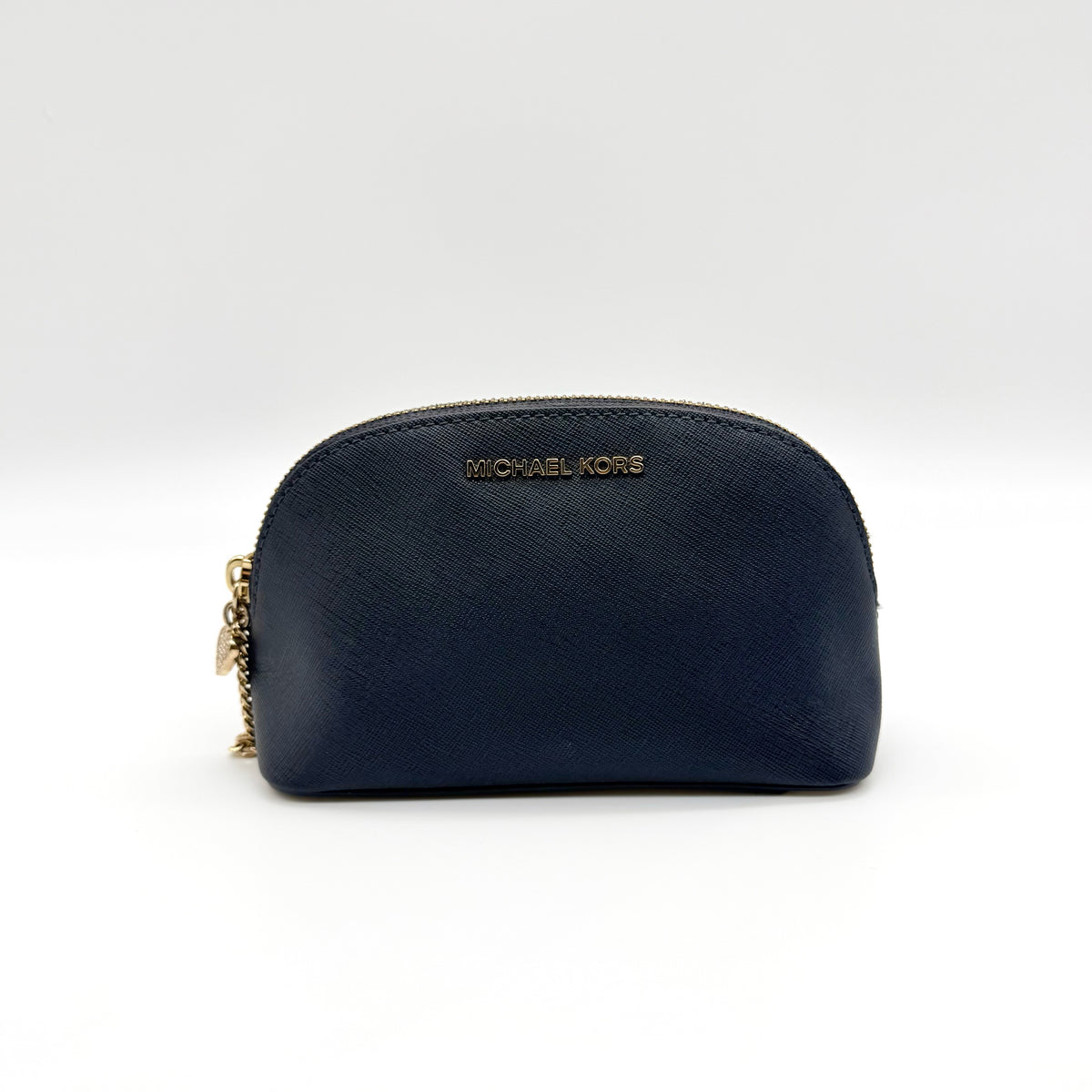 Front view of the Michael Kors black saffiano leather dome cosmetic pouch with gold-tone hardware.