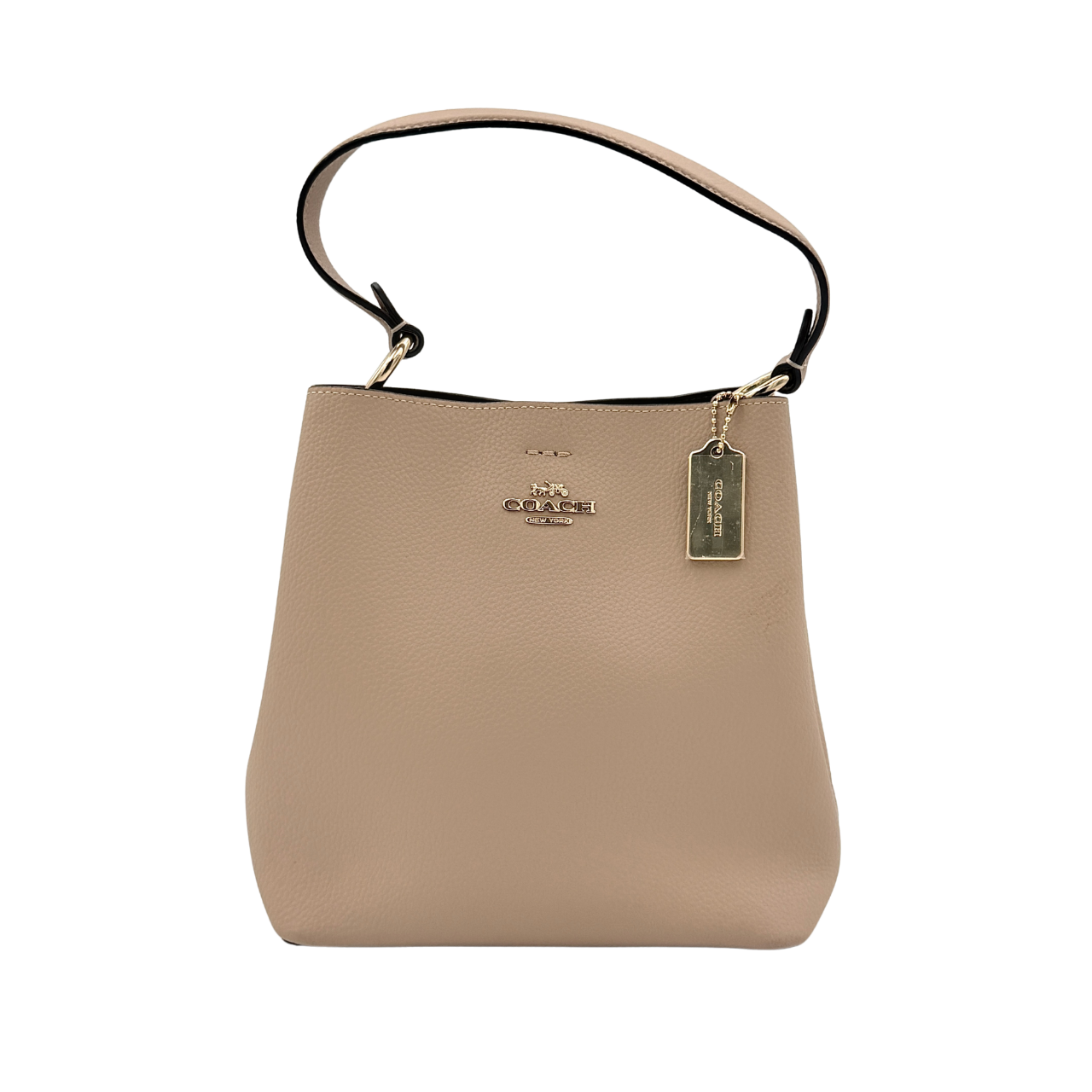 Coach Town Bucket Bag in taupe pebbled leather with gold-tone hardware and Coach hangtag, shown against a white background.