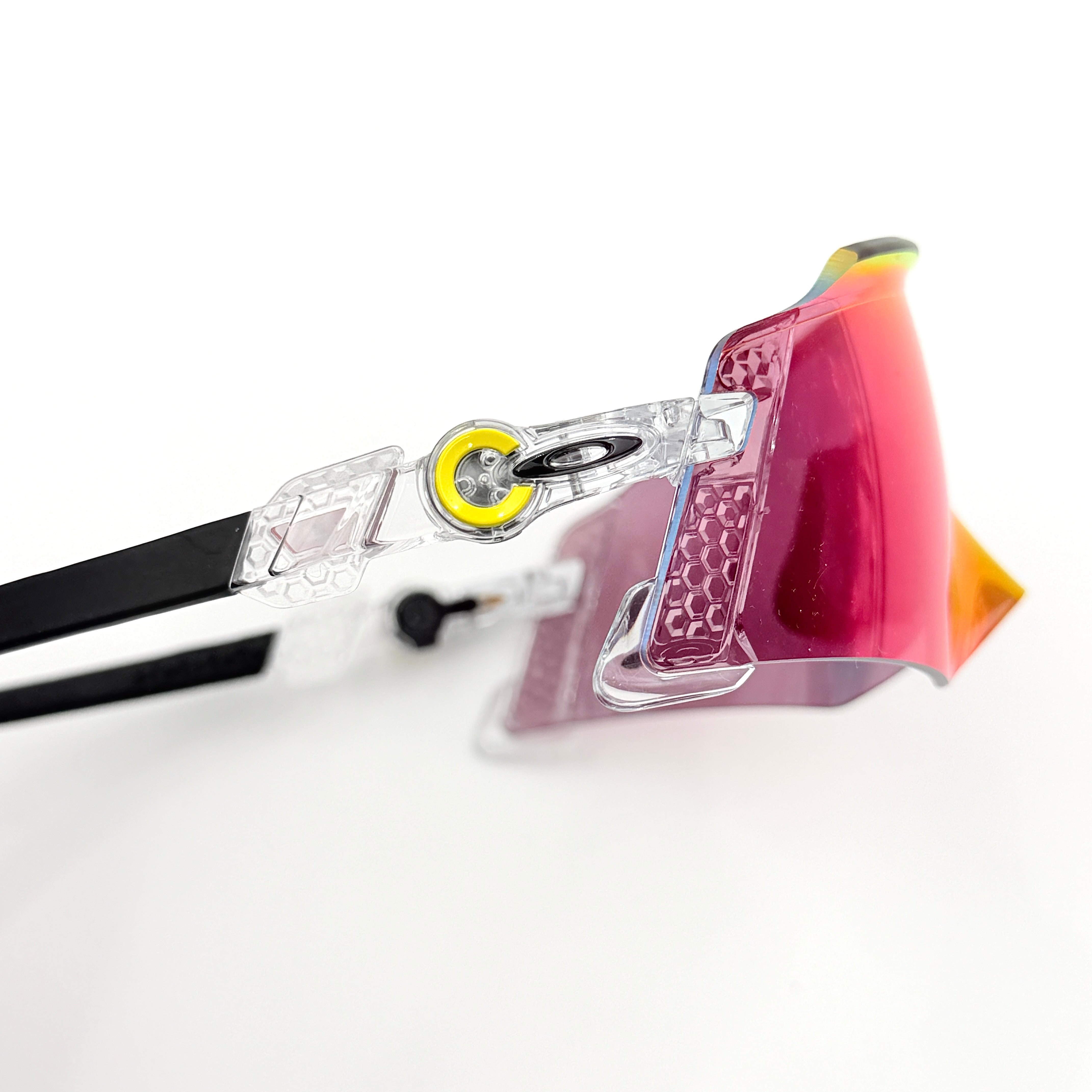Oakley Kato Tour de France 2022 sunglasses with clear frame and Prizm Road lens, Tour de France yellow accents.