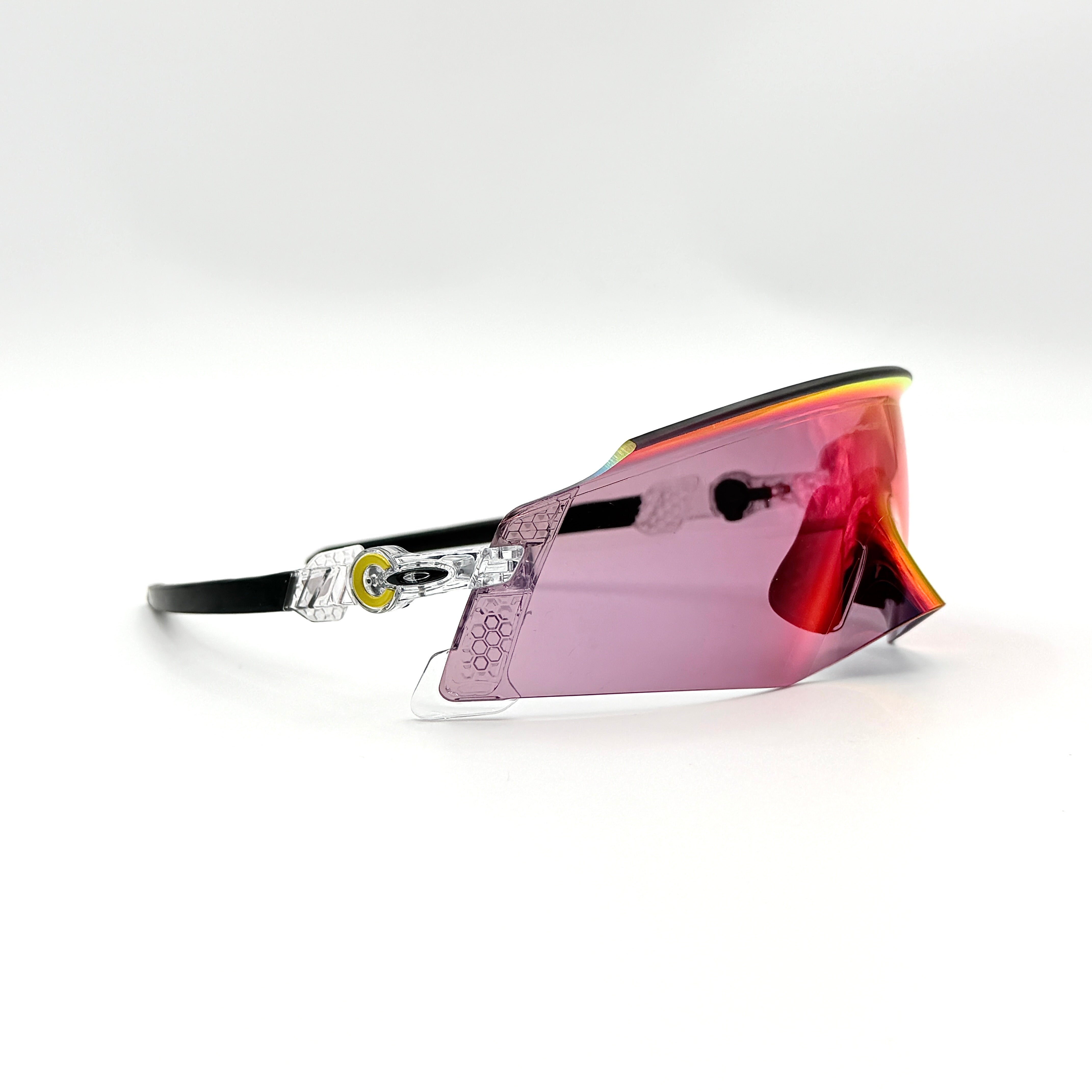 Oakley Kato Tour de France 2022 sunglasses with clear frame and Prizm Road lens, Tour de France yellow accents.