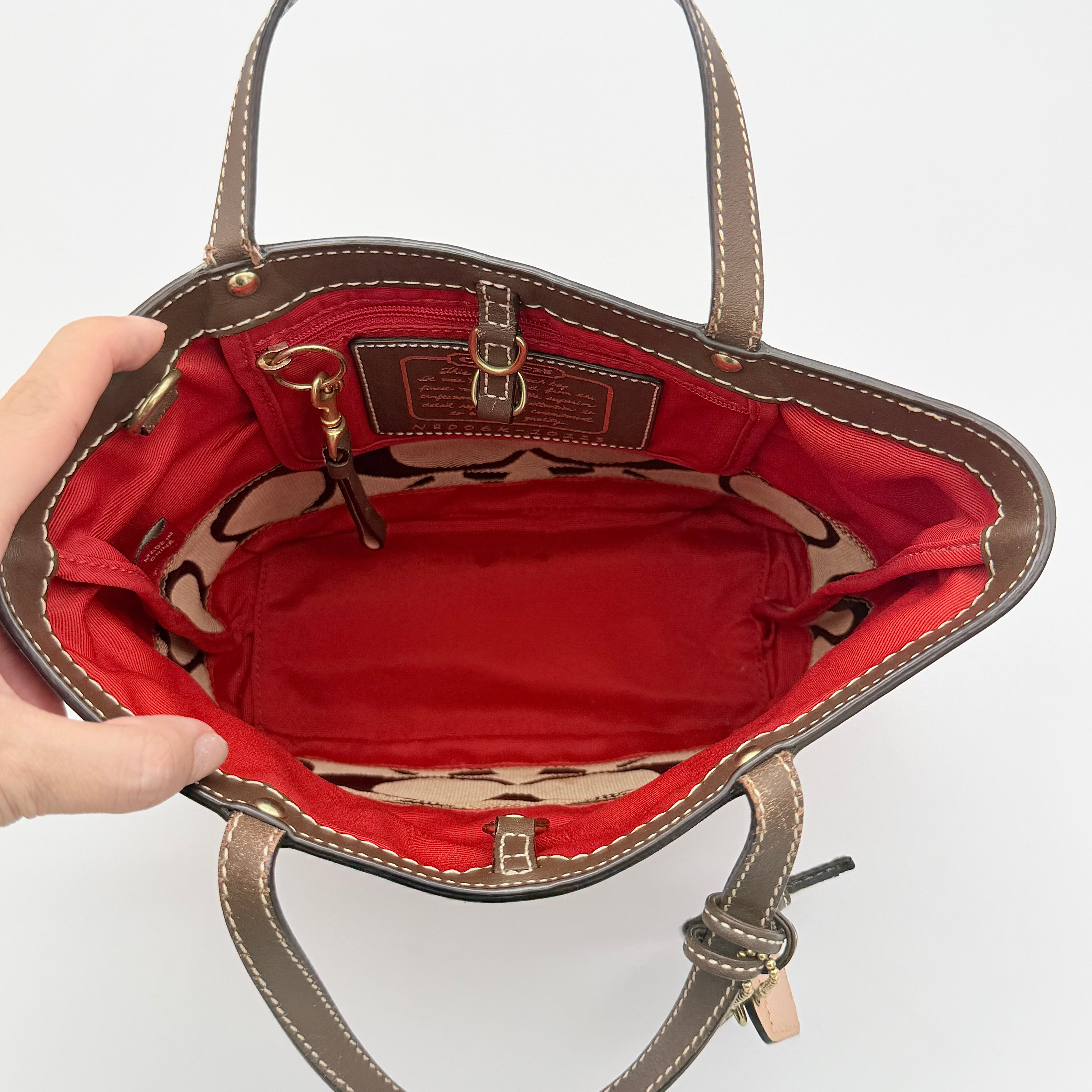 Coach Signature Stripe Tote Bag Beige/Red