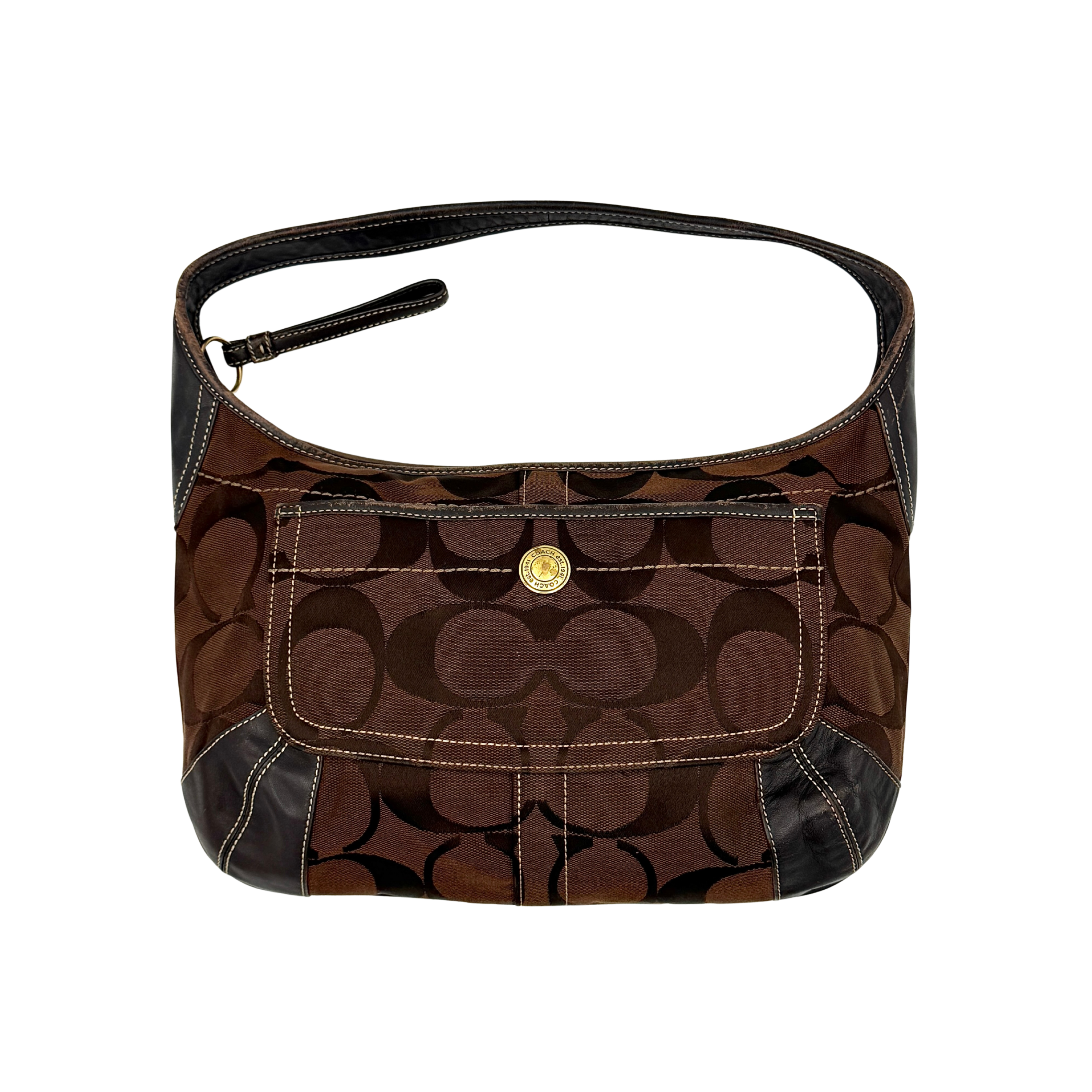 Coach Signature Ergo Hobo Shoulder Bag in brown monogram canvas with dark leather trim and gold-tone hardware, shown from the front.