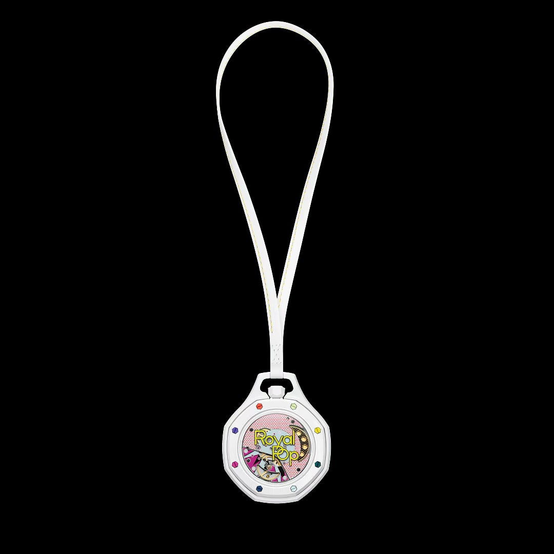 Swatch x Audemars Piguet Royal Pop Huit Blanc in white with colourful details, shown on a long strap with unique dial design.