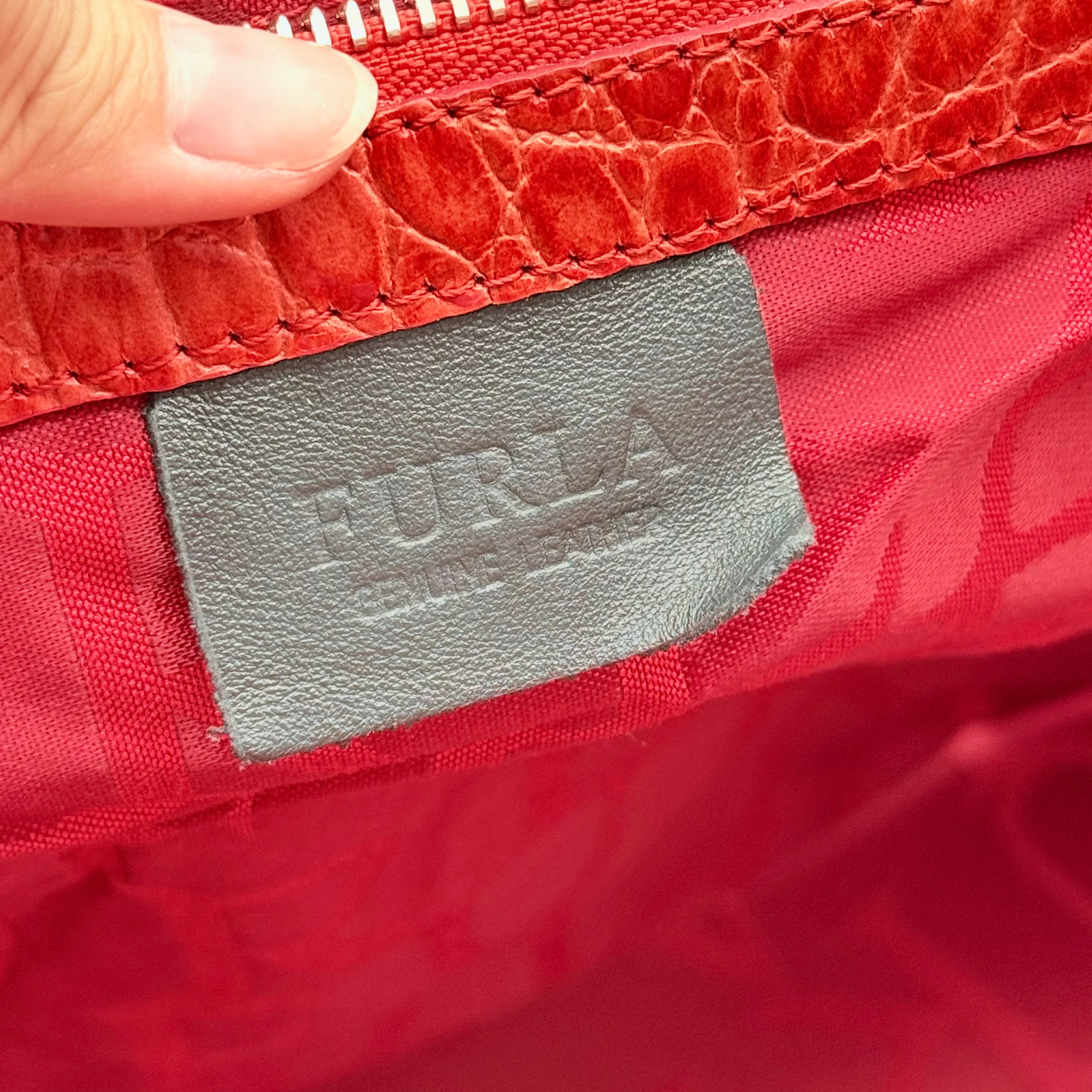 Furla Croc Embossed Leather Tote Bag Orange