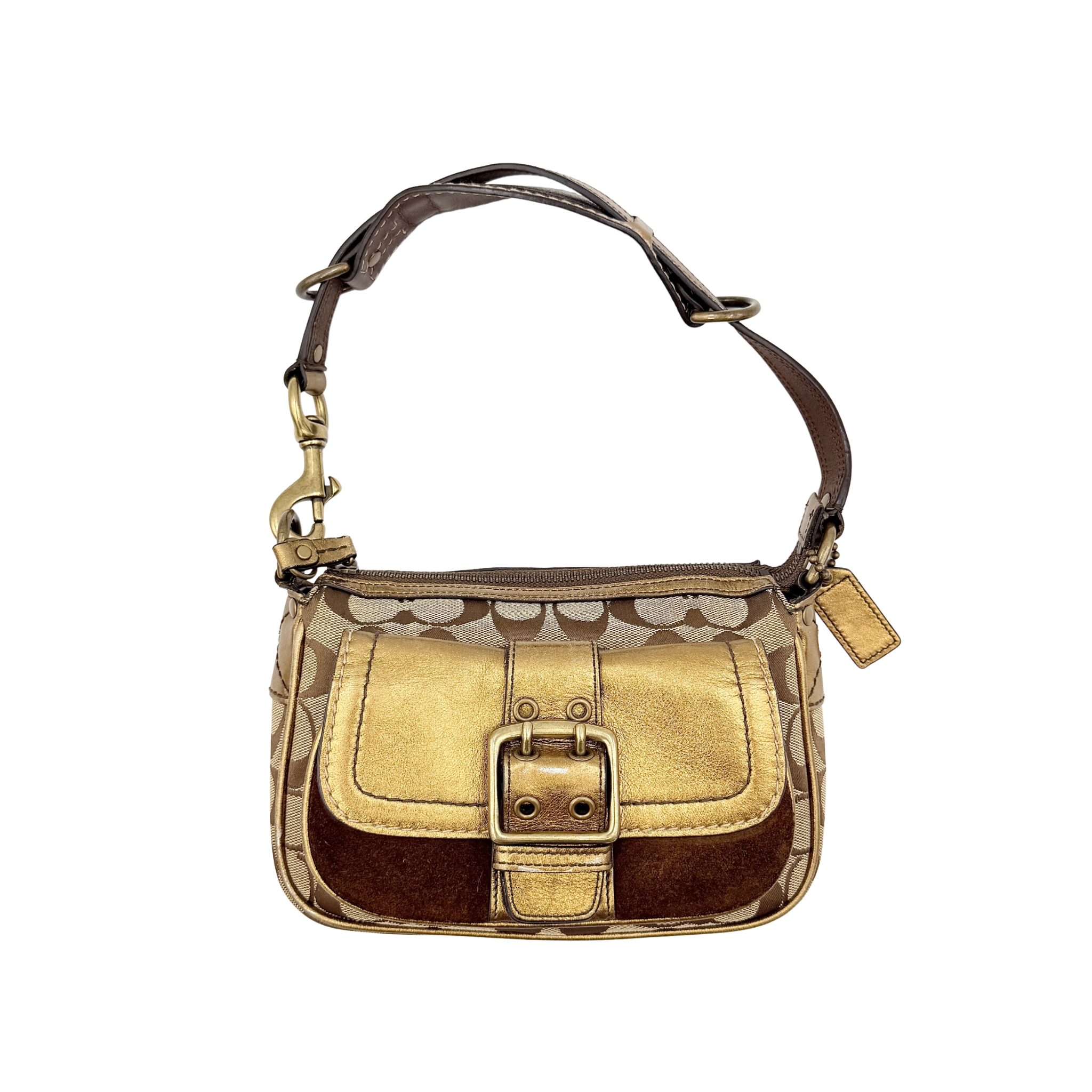 Coach Signature shoulder bag in beige jacquard with gold leather front flap, showcased on a plain background.