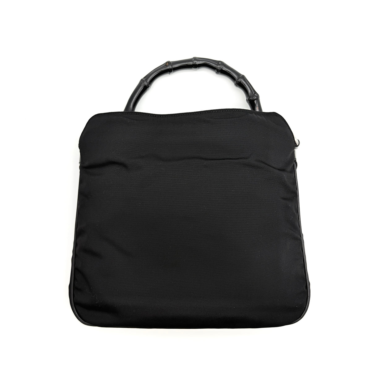 Gucci black nylon shoulder bag with bamboo handle and detachable strap shown with dust bag.