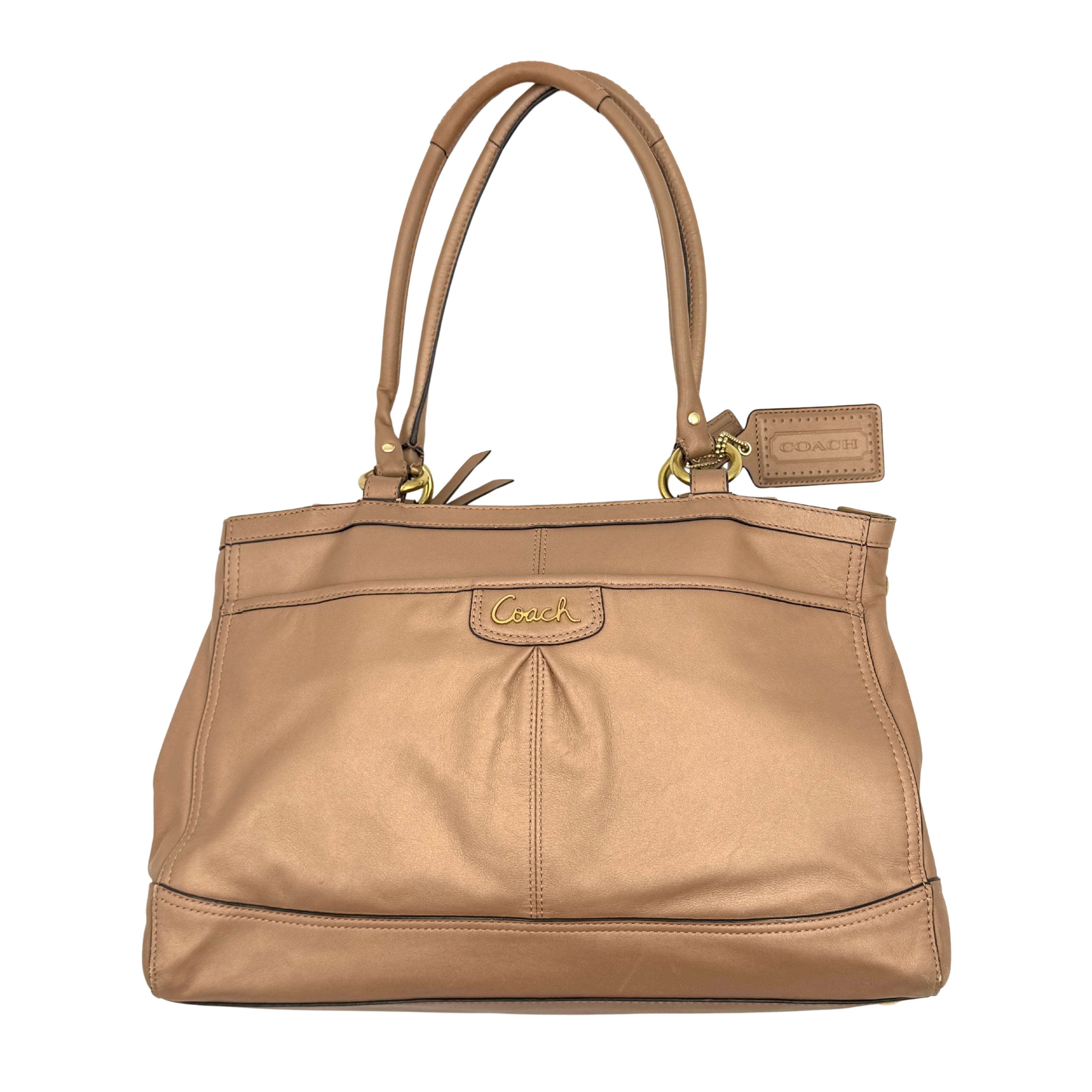 Coach Park Leather Carryall in beige leather with gold-tone hardware and double handles, styled with signature Coach hangtags.