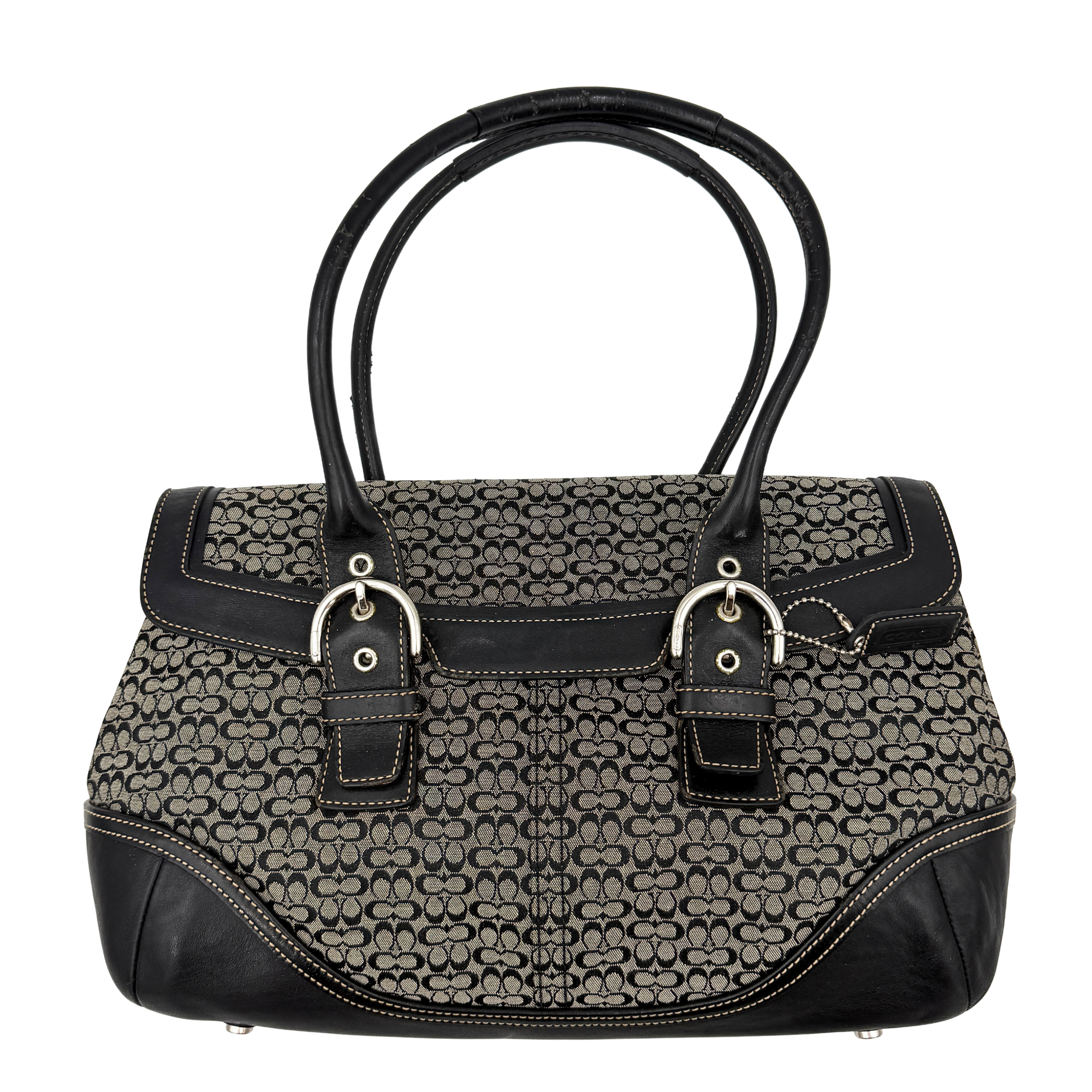 Coach Soho Hampton satchel in grey and black signature jacquard with black leather trim and silver-tone buckle details, presented upright with dual rolled handles.