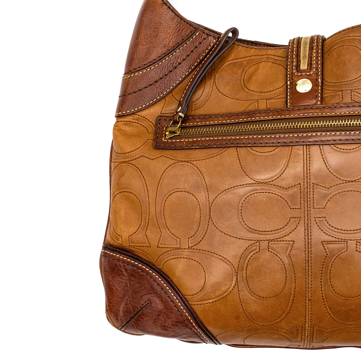 Coach Signature Embossed Hampton Hobo Shoulder Bag Brown