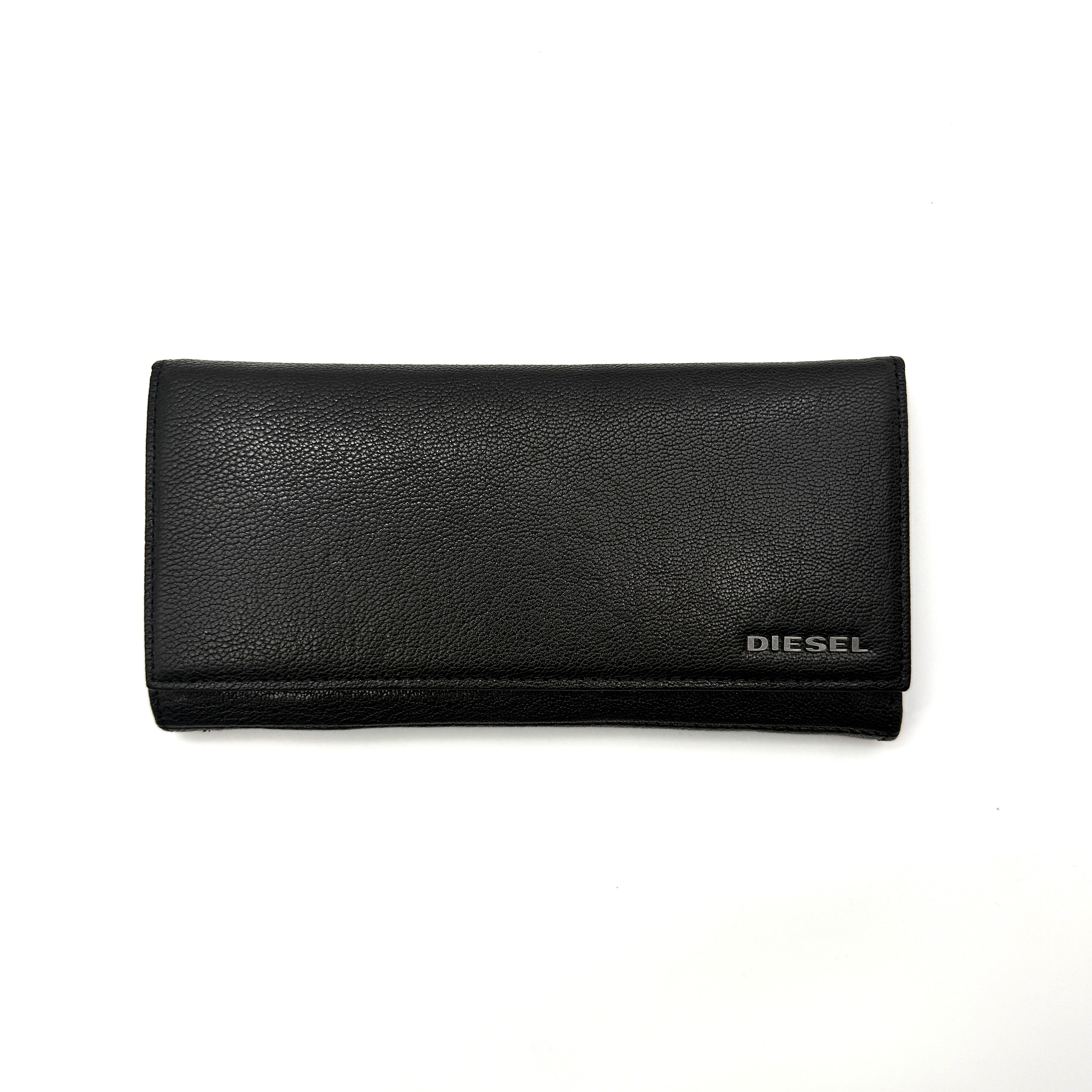 Diesel Logo Plaque Leather Long Wallet Black