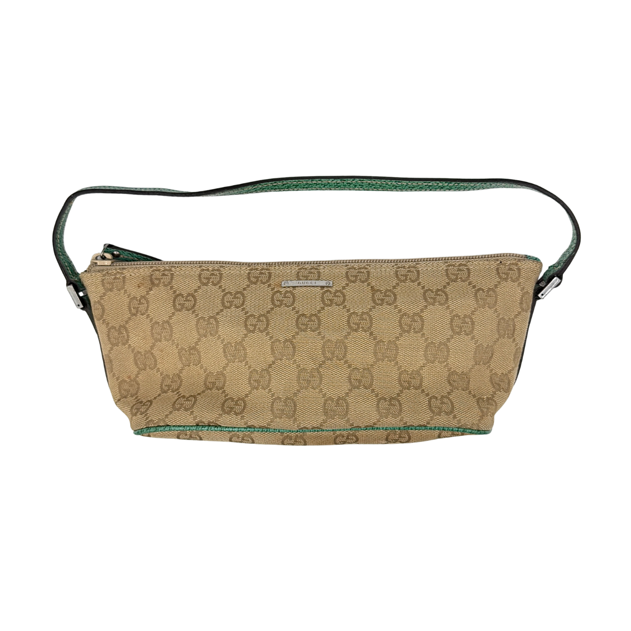 Gucci GG Monogram Pochette Boat Shoulder Bag in beige canvas with green leather trim and a structured, boat-shaped silhouette.