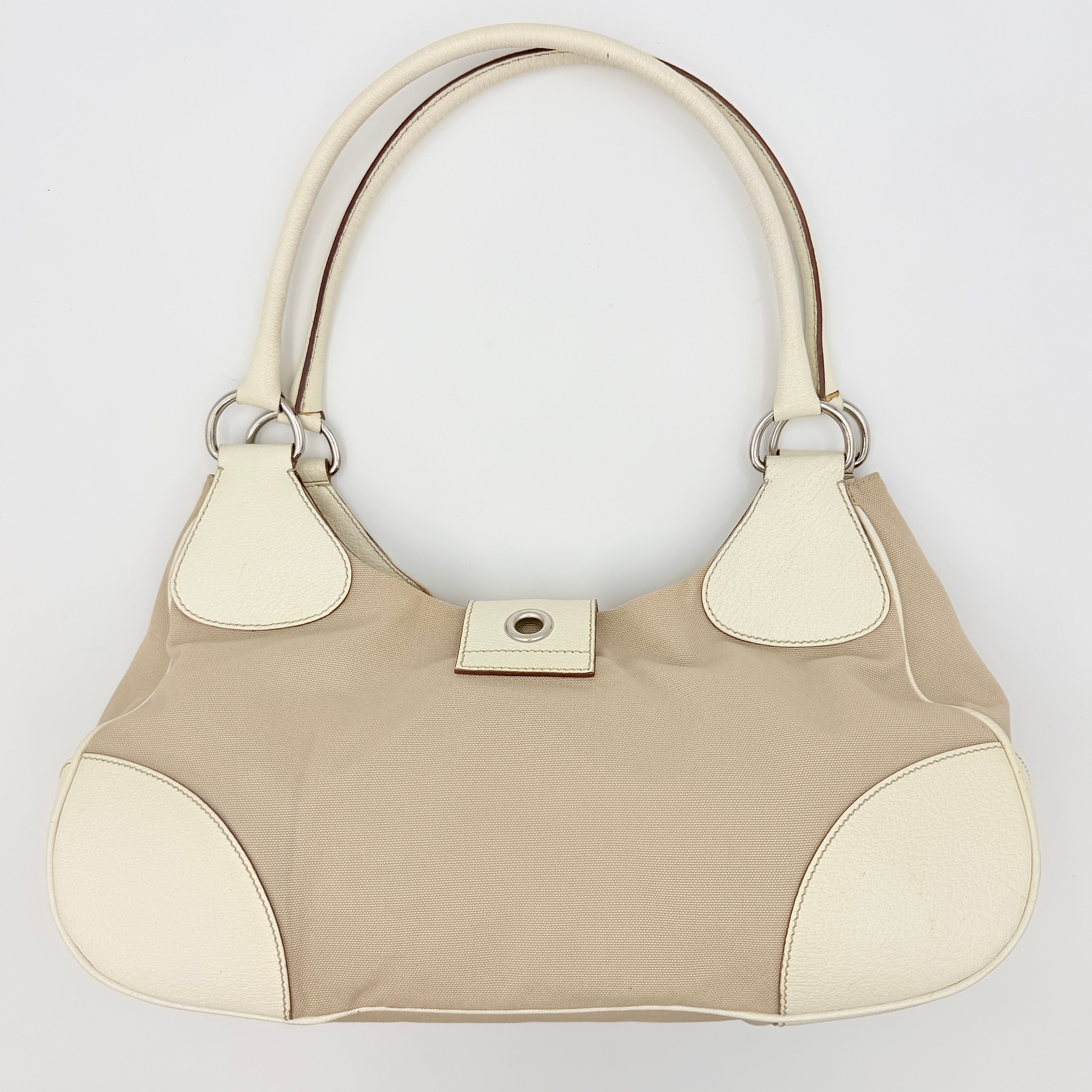 Prada Enamelled Moon Shoulder Bag Beige/Cream