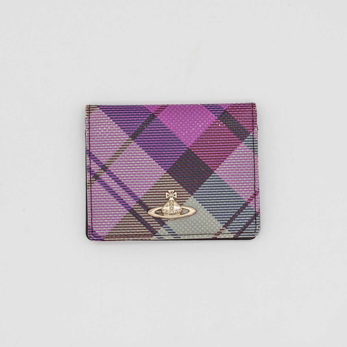 Vivienne Westwood card case in purple tartan canvas with gold Orb logo and burgundy leather interior.