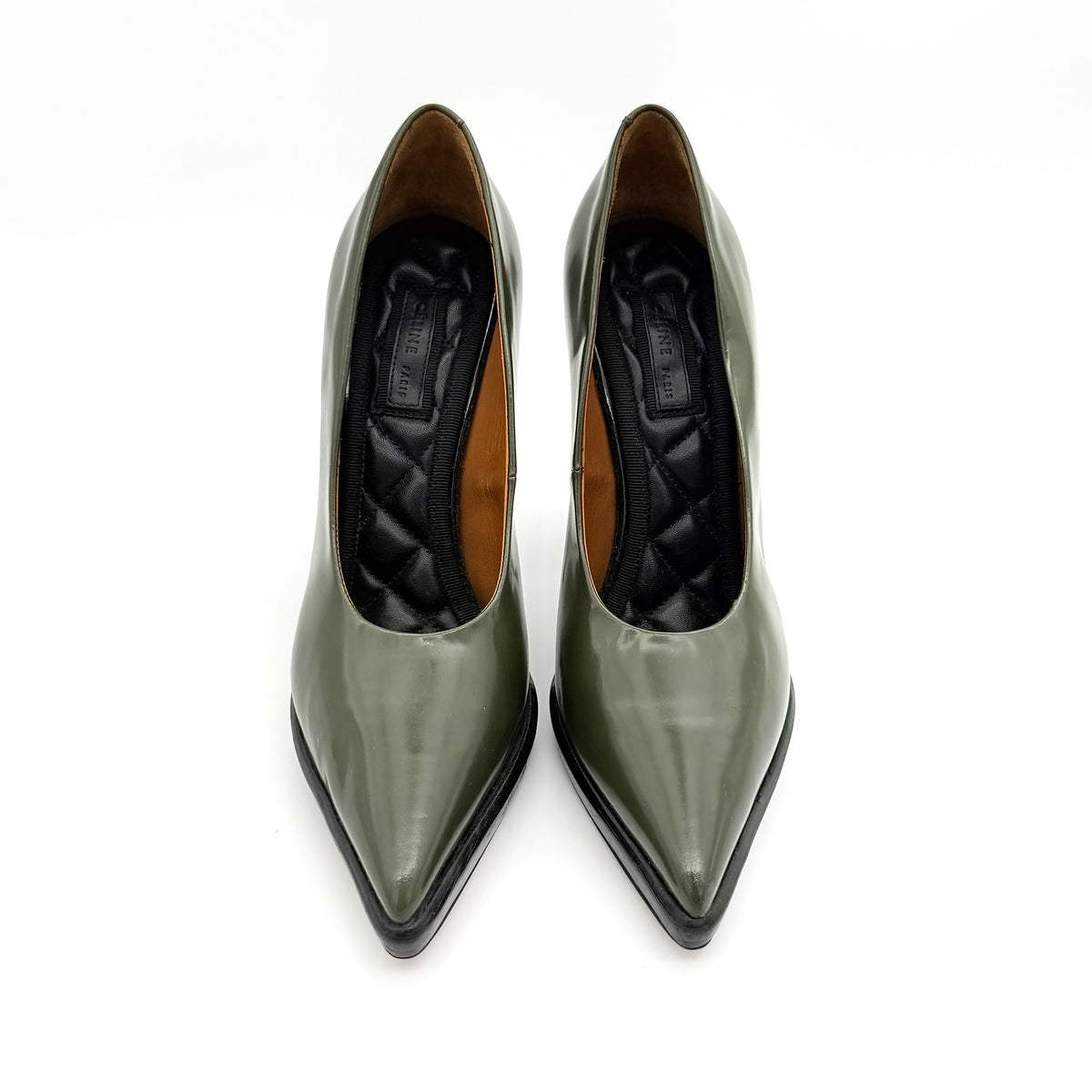 Celine olive green leather heels with pointed toe and black stiletto heel, displayed against a white background