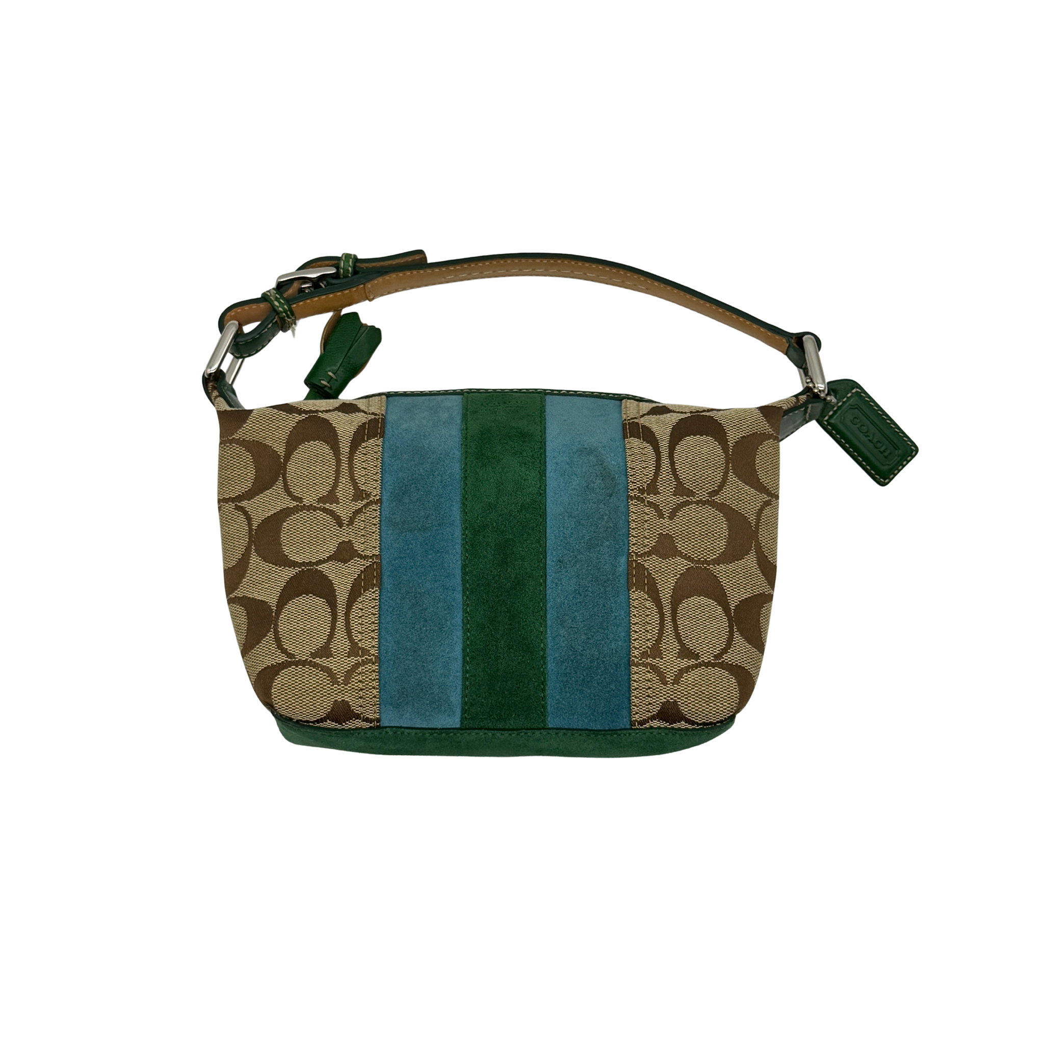 Coach Signature Mini Hobo Striped Suede Shoulder Bag Beige/Green