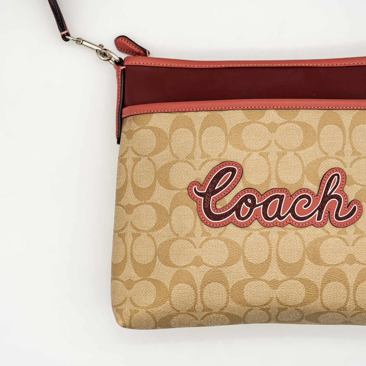 Coach Signature Script File Crossbody Bag Beige/Burgundy