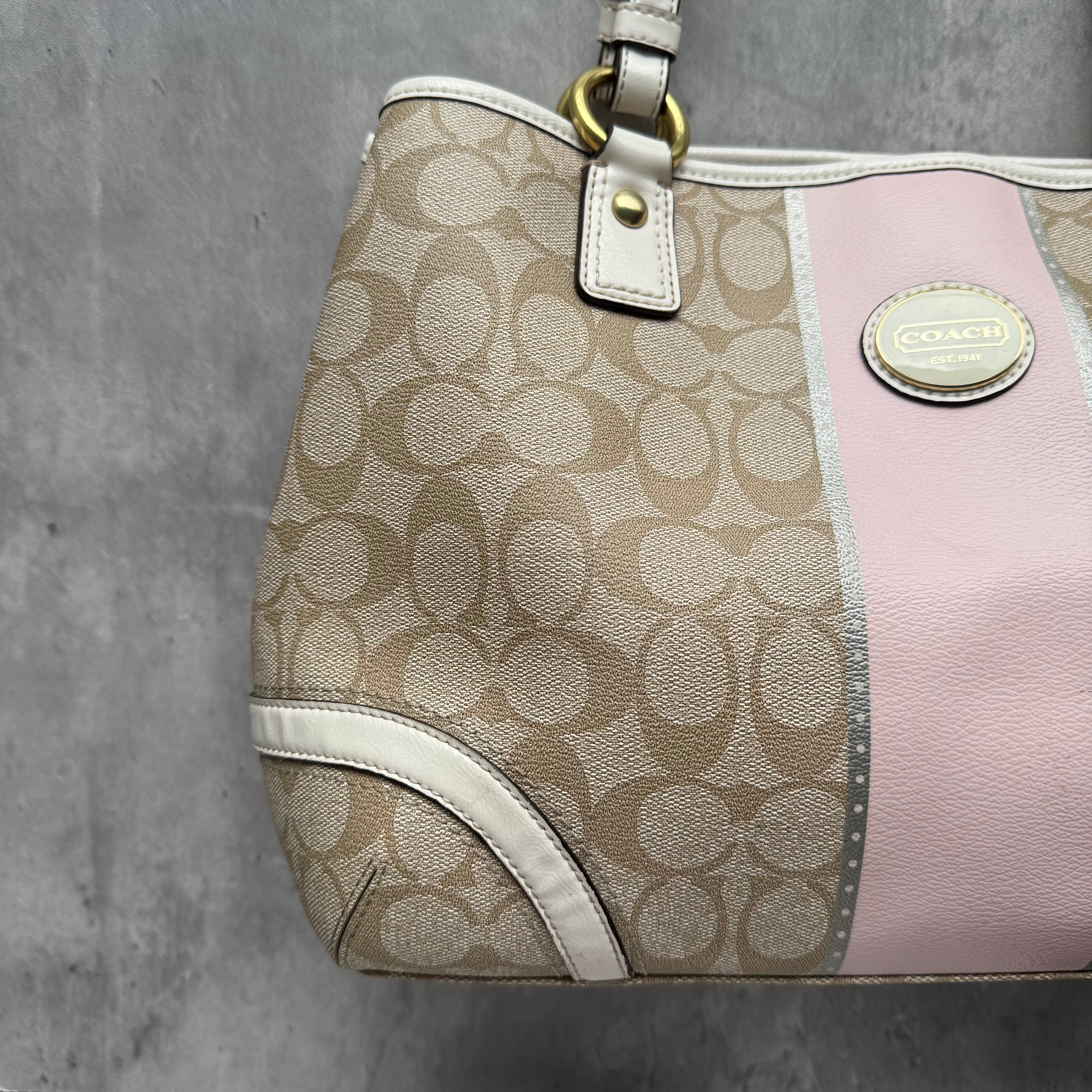 Coach Signature Heritage Stripe Tote Bag Pink/Beige