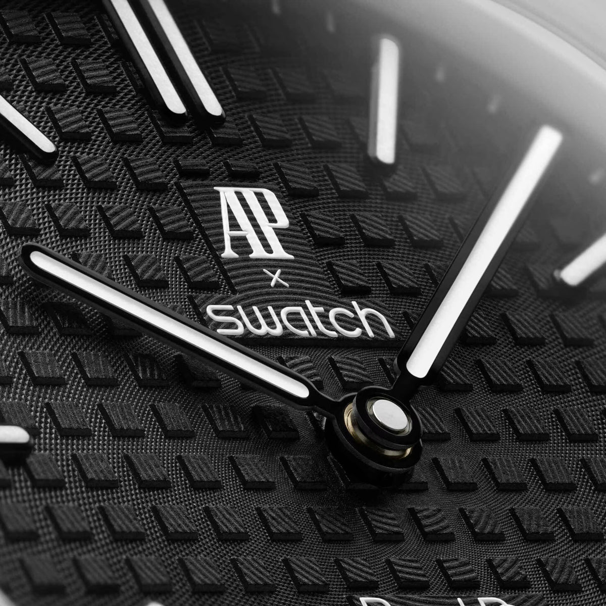 Swatch x Audemars Piguet Royal Pop Ocho Negro pendant watch with black textured dial and octagonal bezel on a black strap.