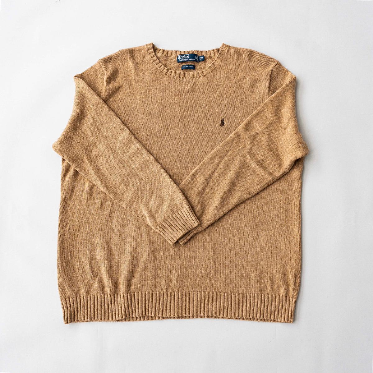 Polo Ralph Lauren brown Pima cotton knit crewneck sweater with embroidered pony logo, displayed flat.