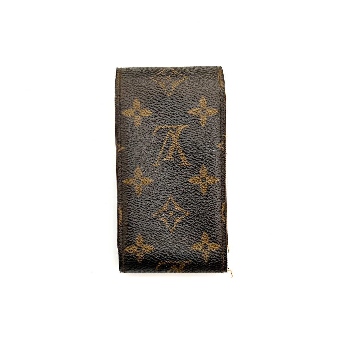 Louis Vuitton Monogram Cigarette Case in brown canvas with flap opening, photographed front-facing on a white background.