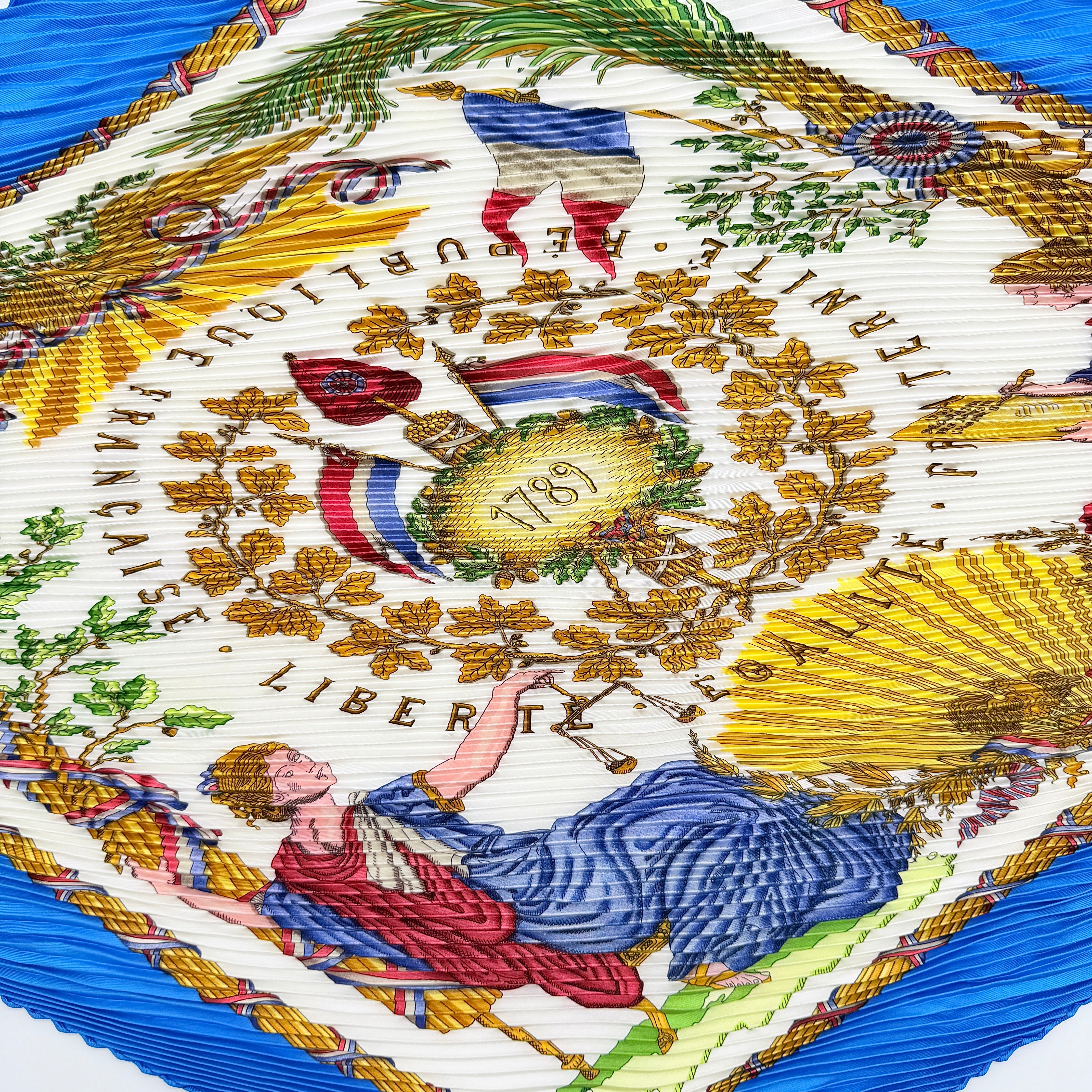 Hermès République Française Pleated Silk Scarf Blue