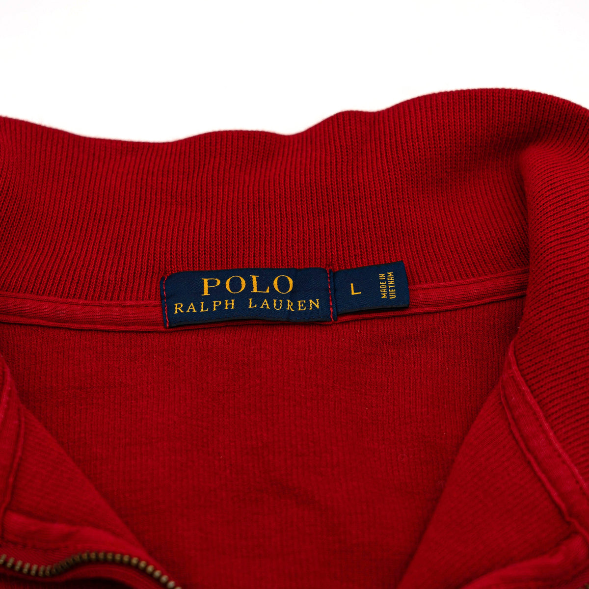 Polo Ralph Lauren red quarter zip mockneck pullover sweater with navy pony embroidery, laid flat on a white background.