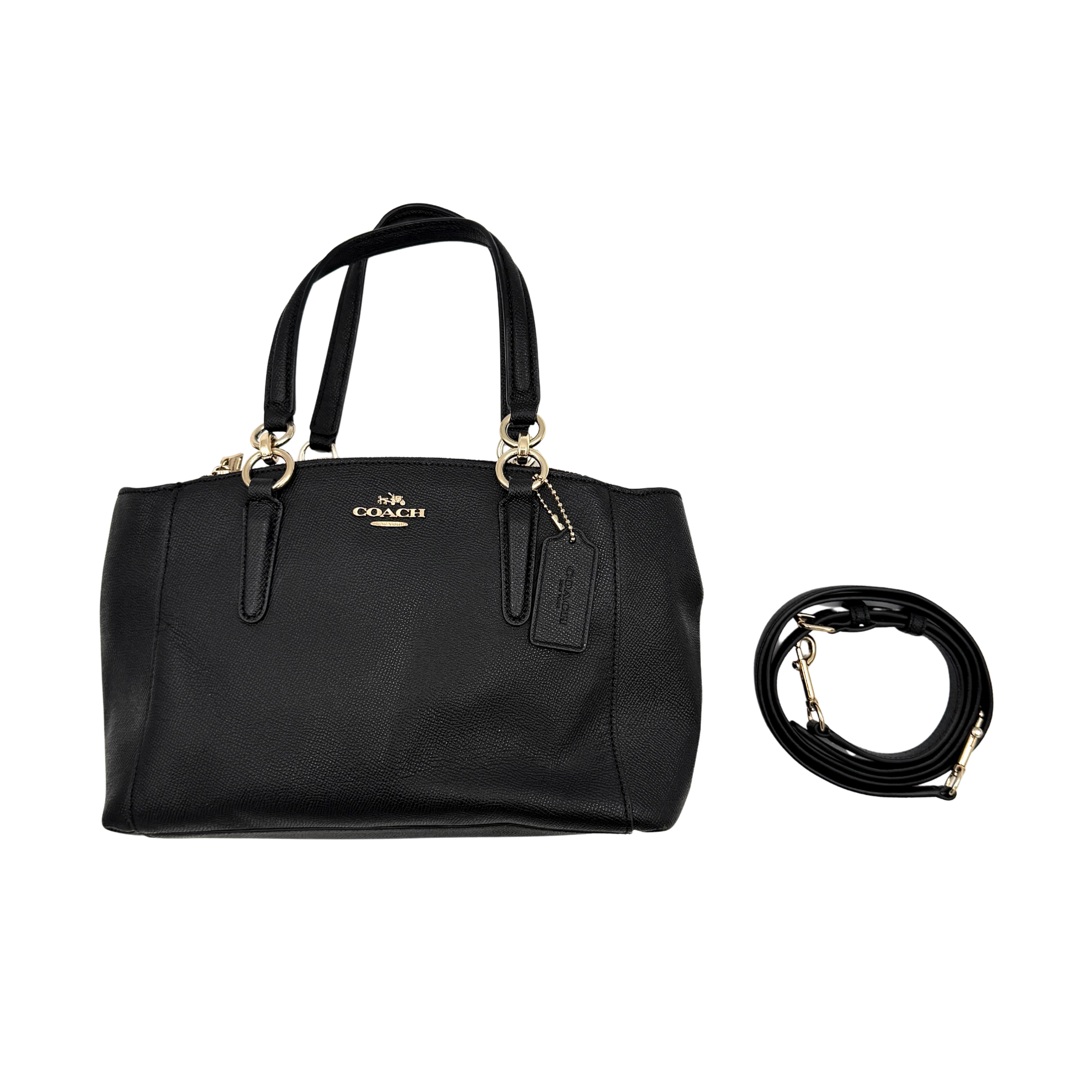 Coach 2Way Christie Carryall Handbag in black leather with gold hardware, detachable strap displayed alongside.