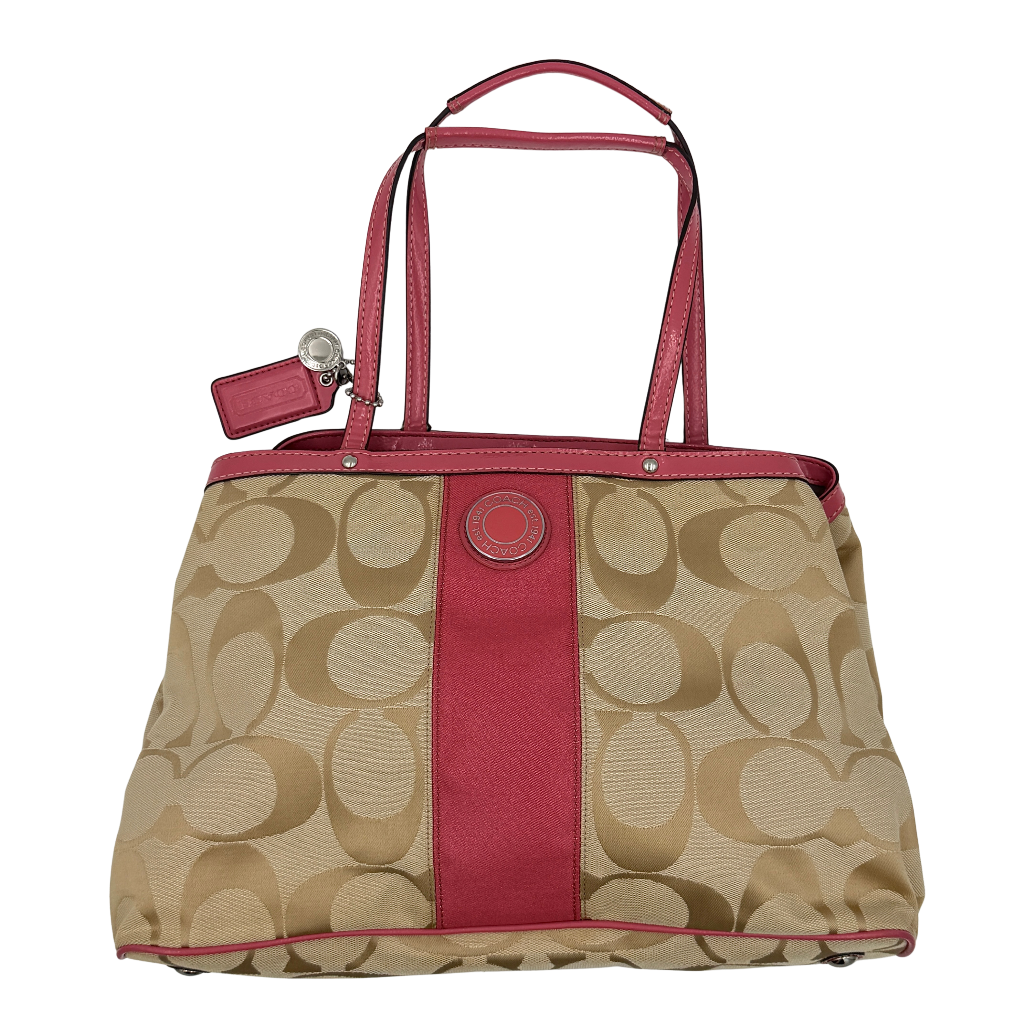Coach Signature Stripe Kisslock Tote Bag Pink/Beige