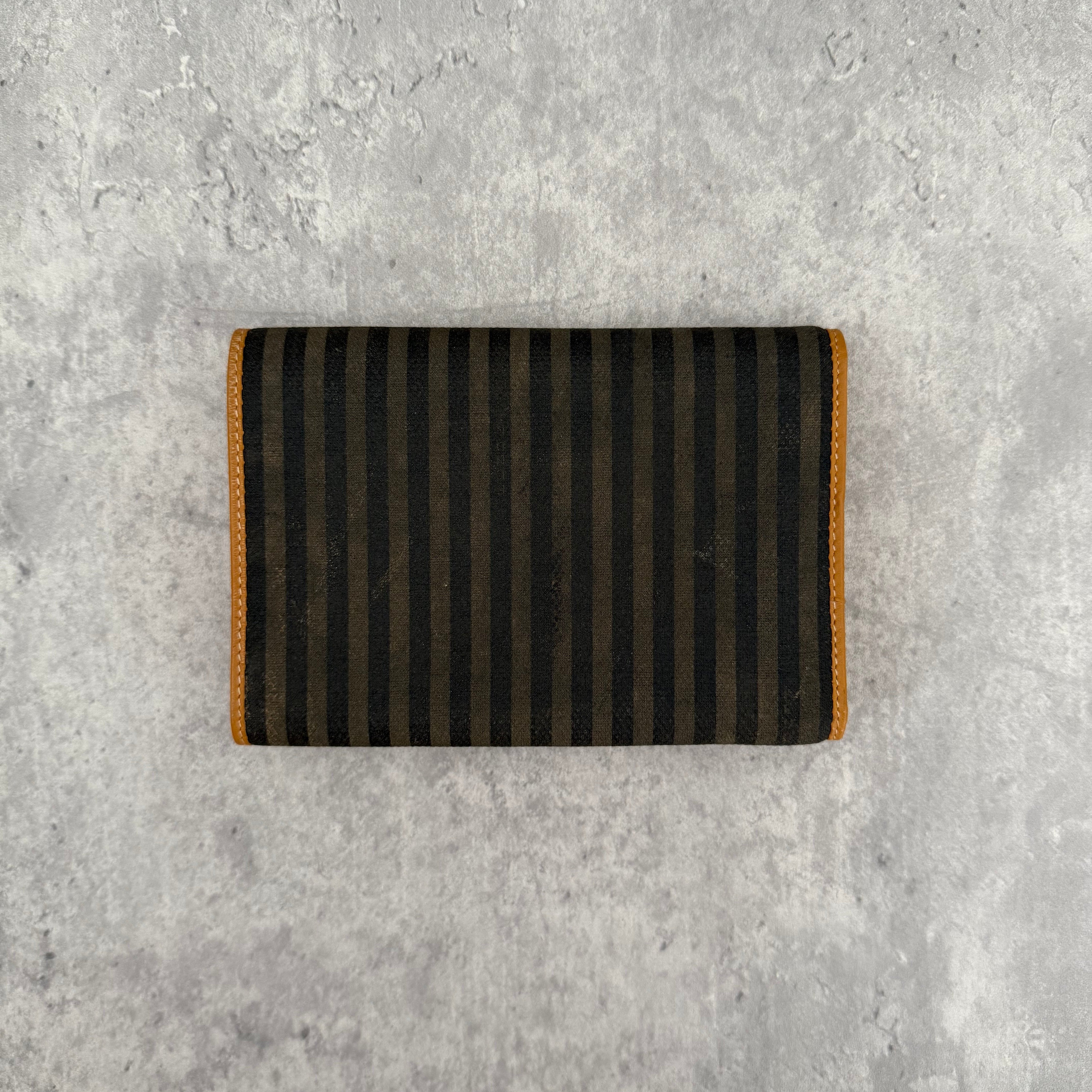 Fendi Canvas Striped Vintage Wallet in brown and black with tan leather trim and gold-tone logo clip