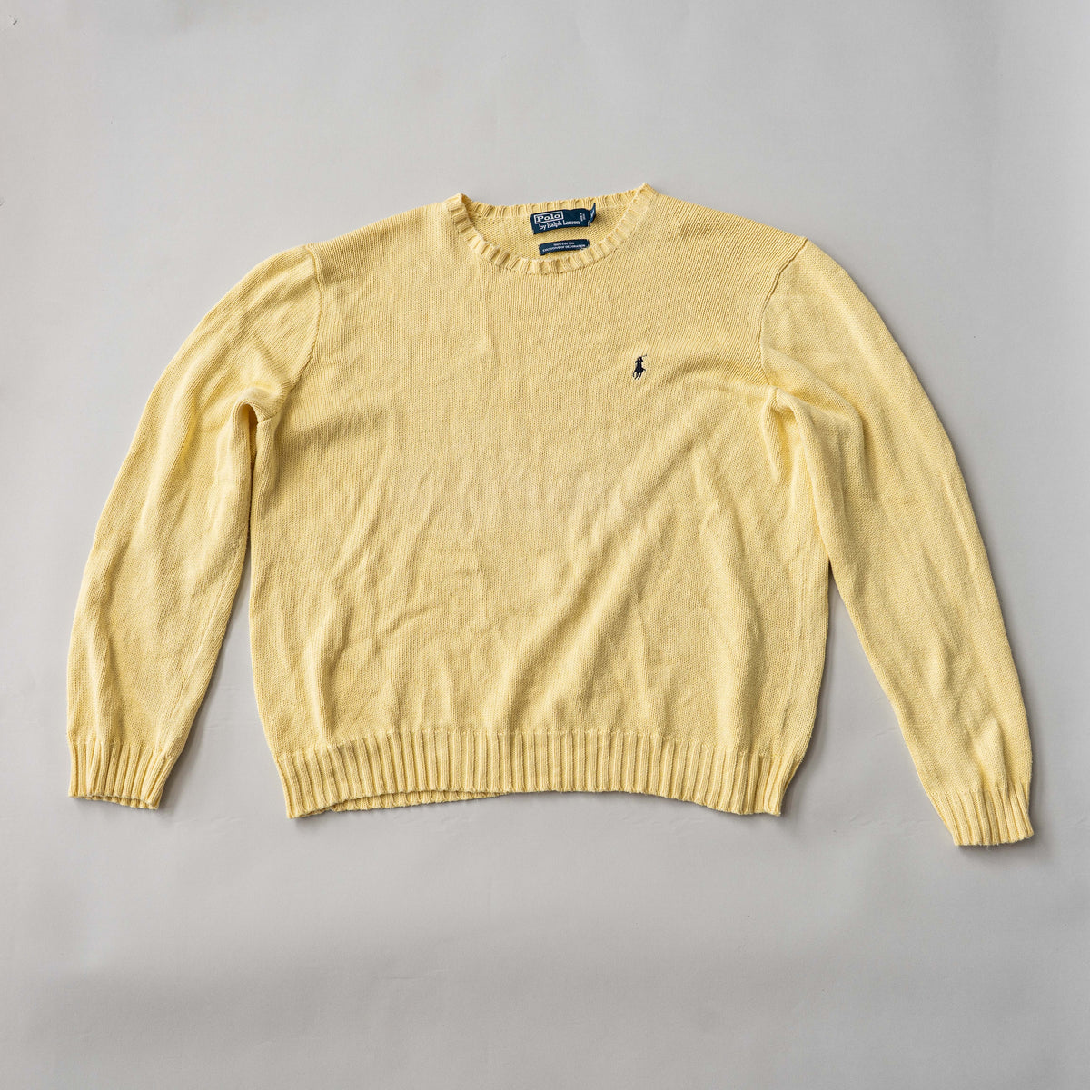 Polo Ralph Lauren yellow cotton knit crewneck sweater, XXL, with navy embroidered logo on the chest.