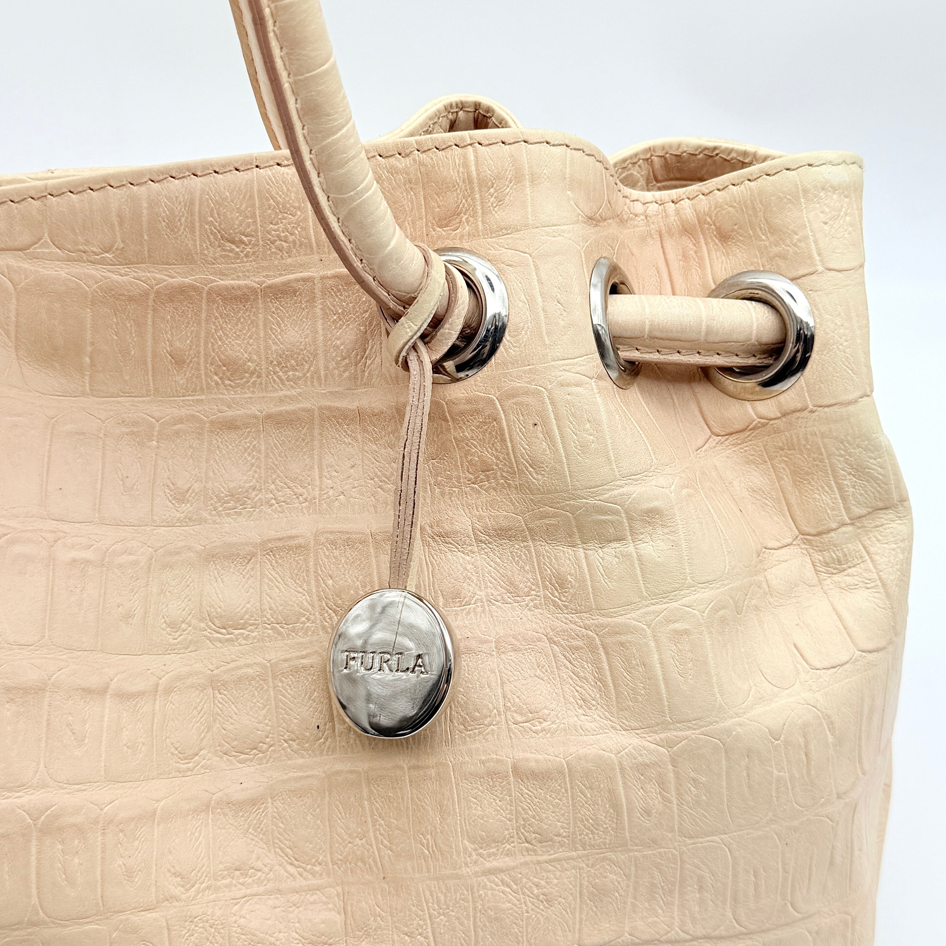 Furla Croc Embossed Leather Handbag Beige