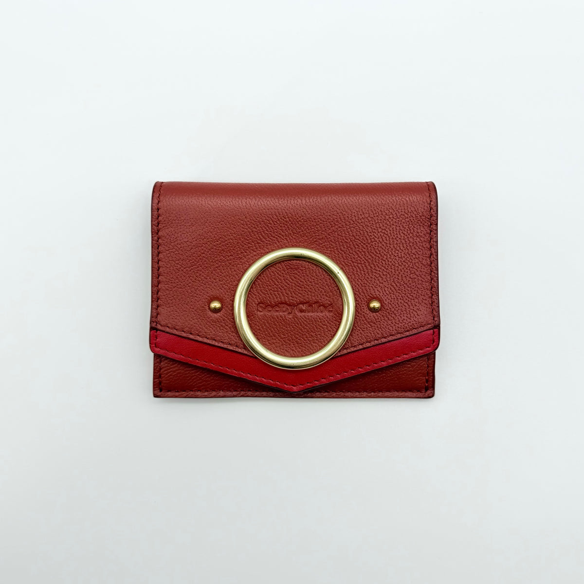 See by Chloé red leather card case with gold-tone ring detail, shown with authenticity card.