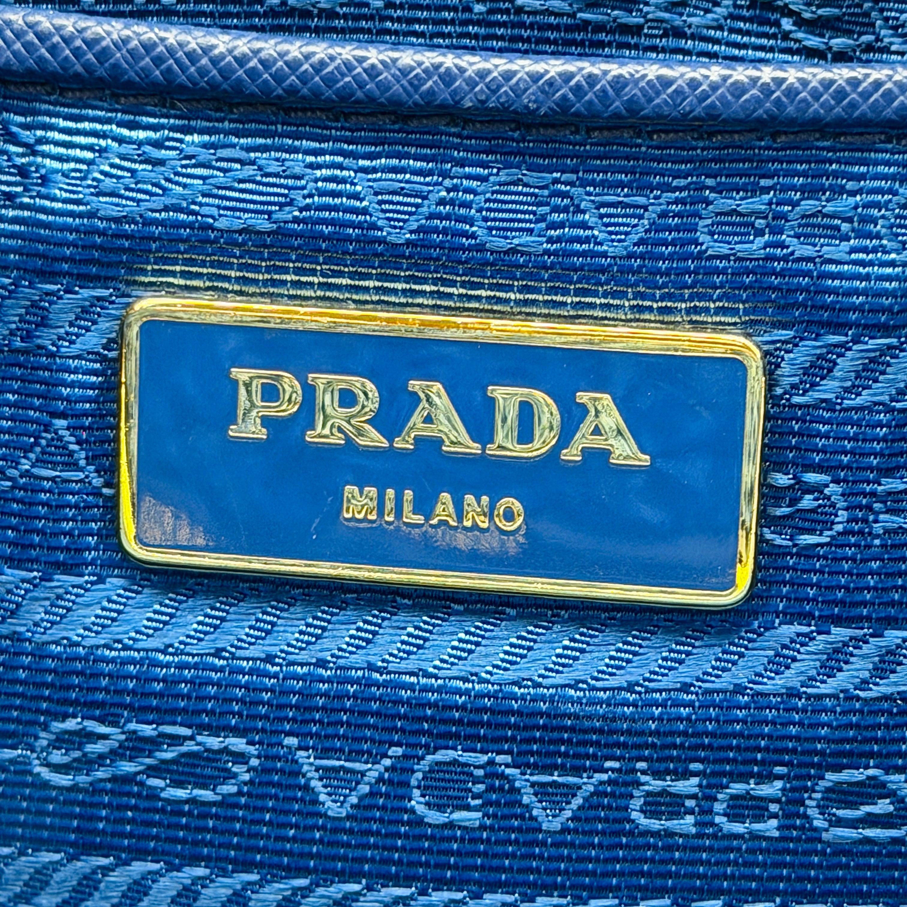 Prada Canapa Crochet Raffia Tote Bag Blue