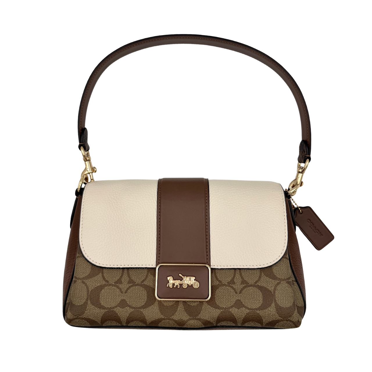 Coach Signature Grace Shoulder Bag in beige and white leather with monogram canvas and gold hardware, displayed with structured silhouette and top handle.