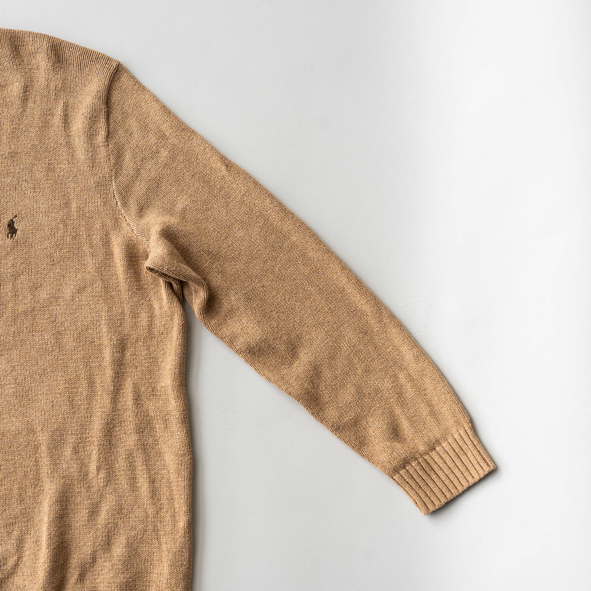 Polo Ralph Lauren brown Pima cotton knit crewneck sweater with embroidered pony logo, displayed flat.