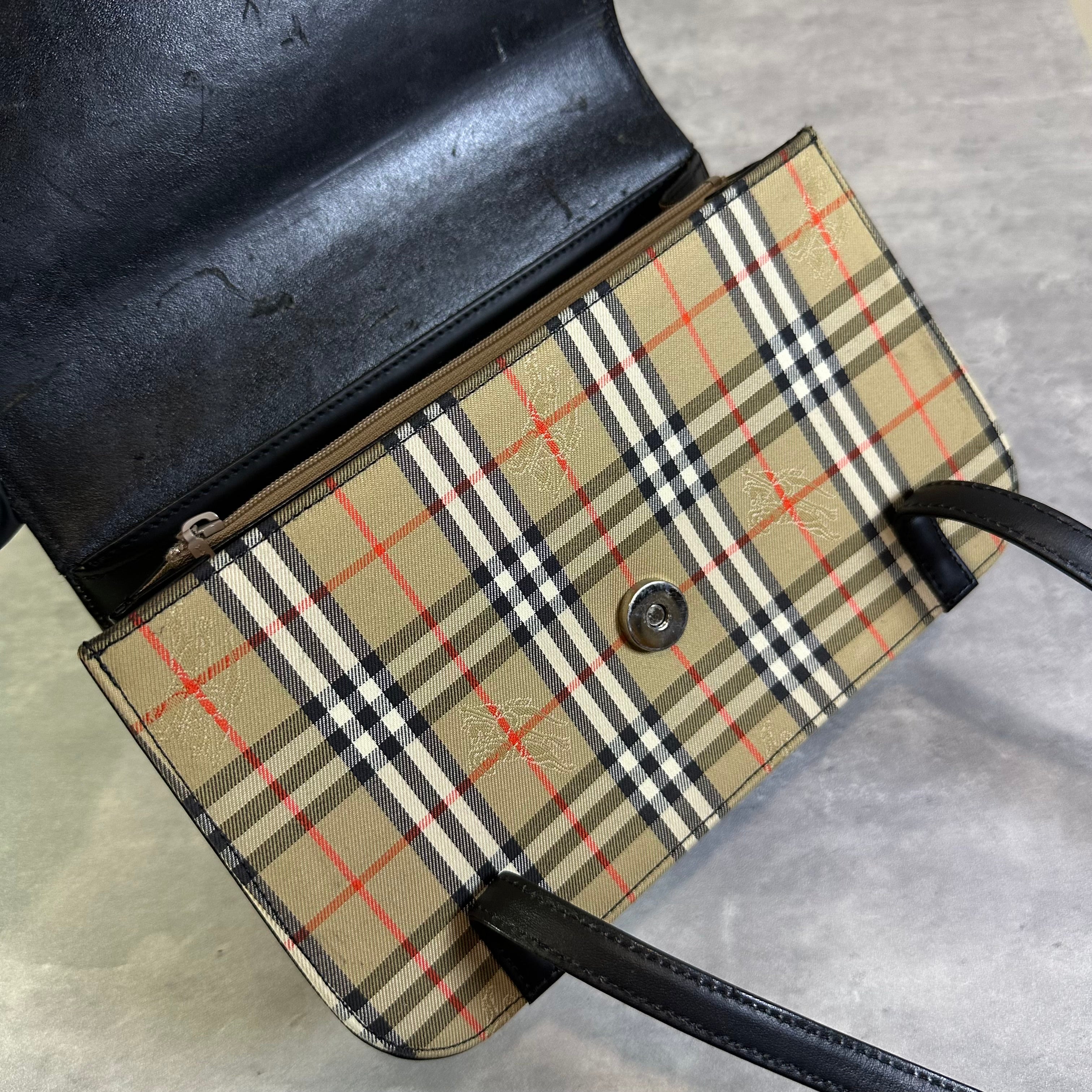 Burberry Nova Check Logo Canvas Leather Handbag
