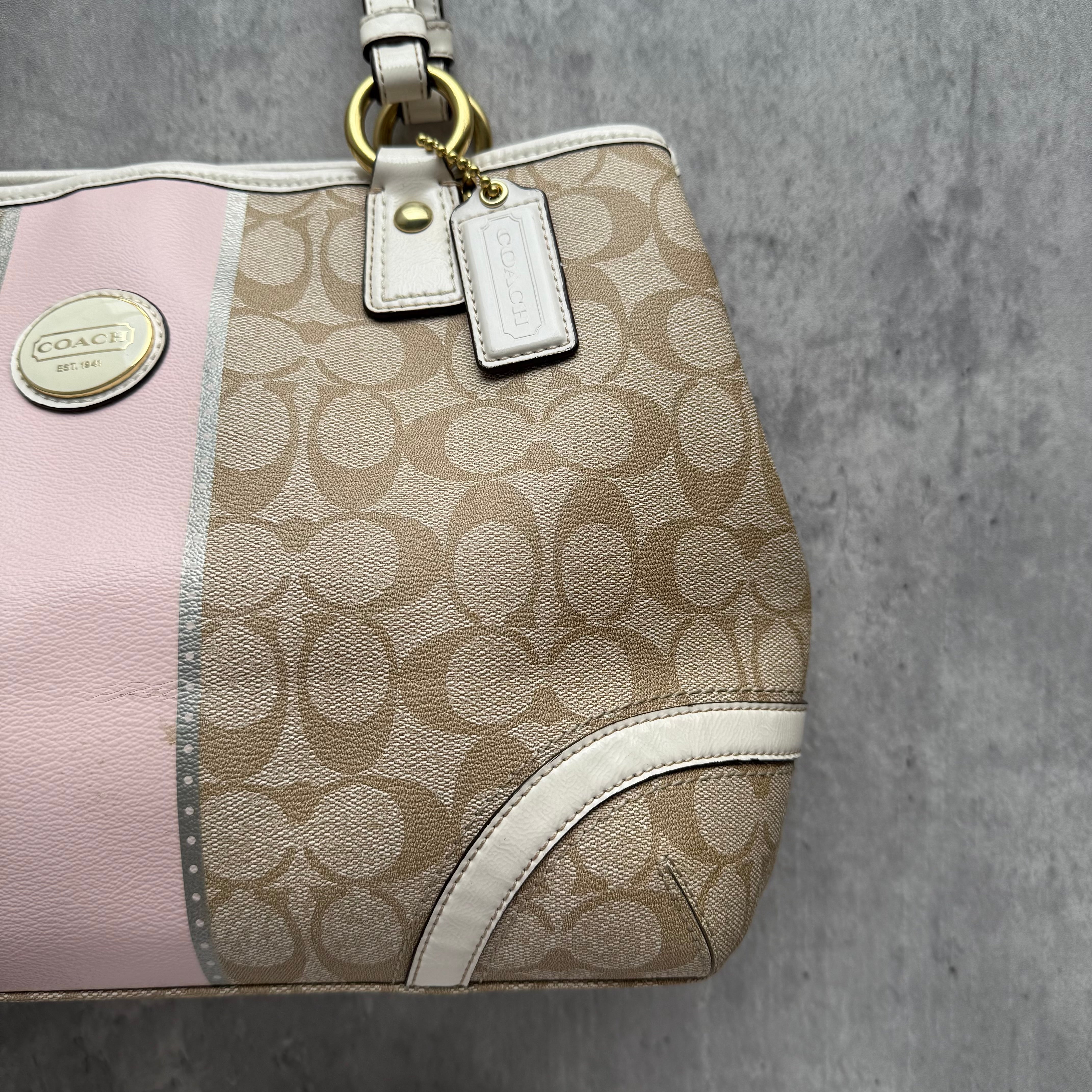 Coach Signature Heritage Stripe Tote Bag Pink/Beige