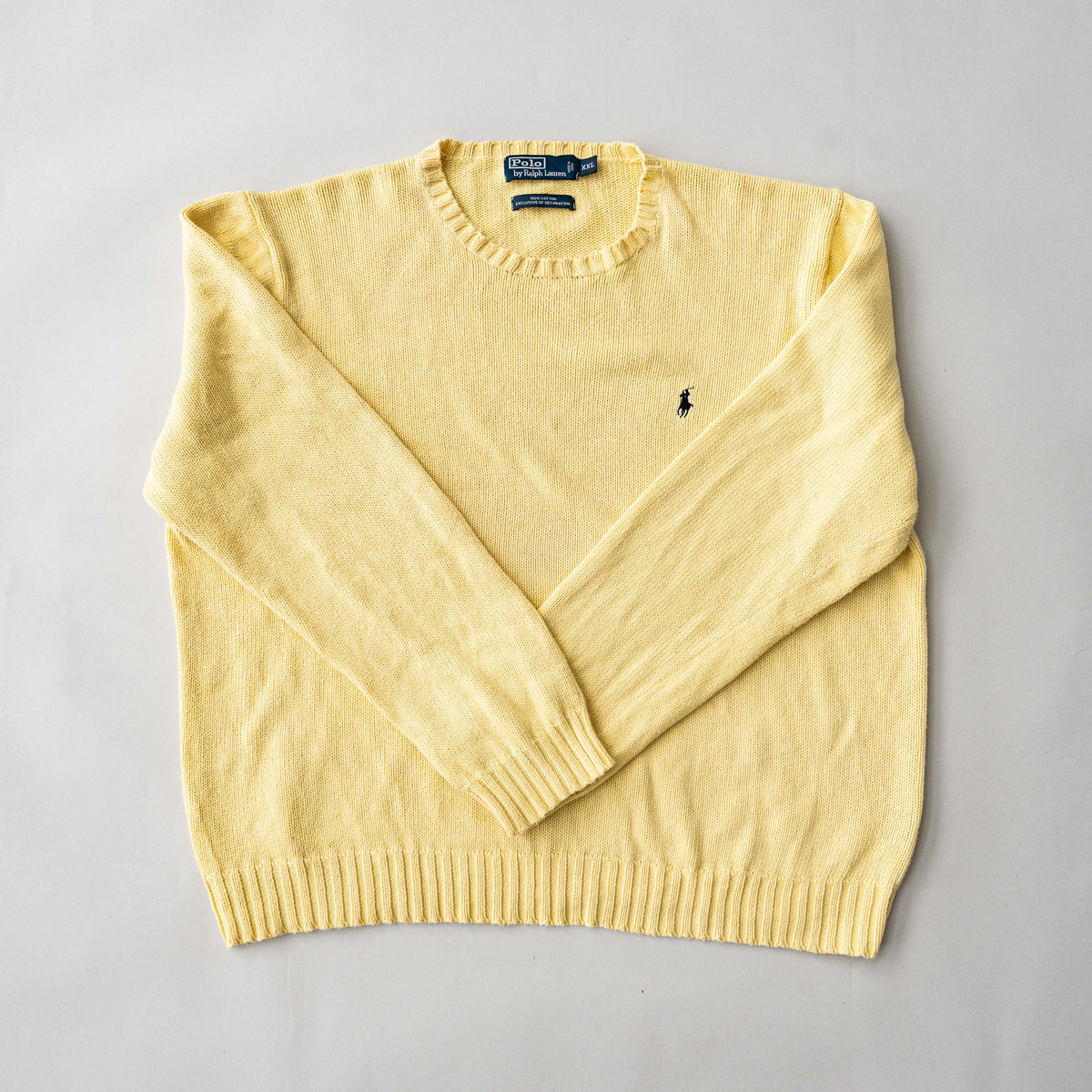Polo Ralph Lauren yellow cotton knit crewneck sweater, XXL, with navy embroidered logo on the chest.