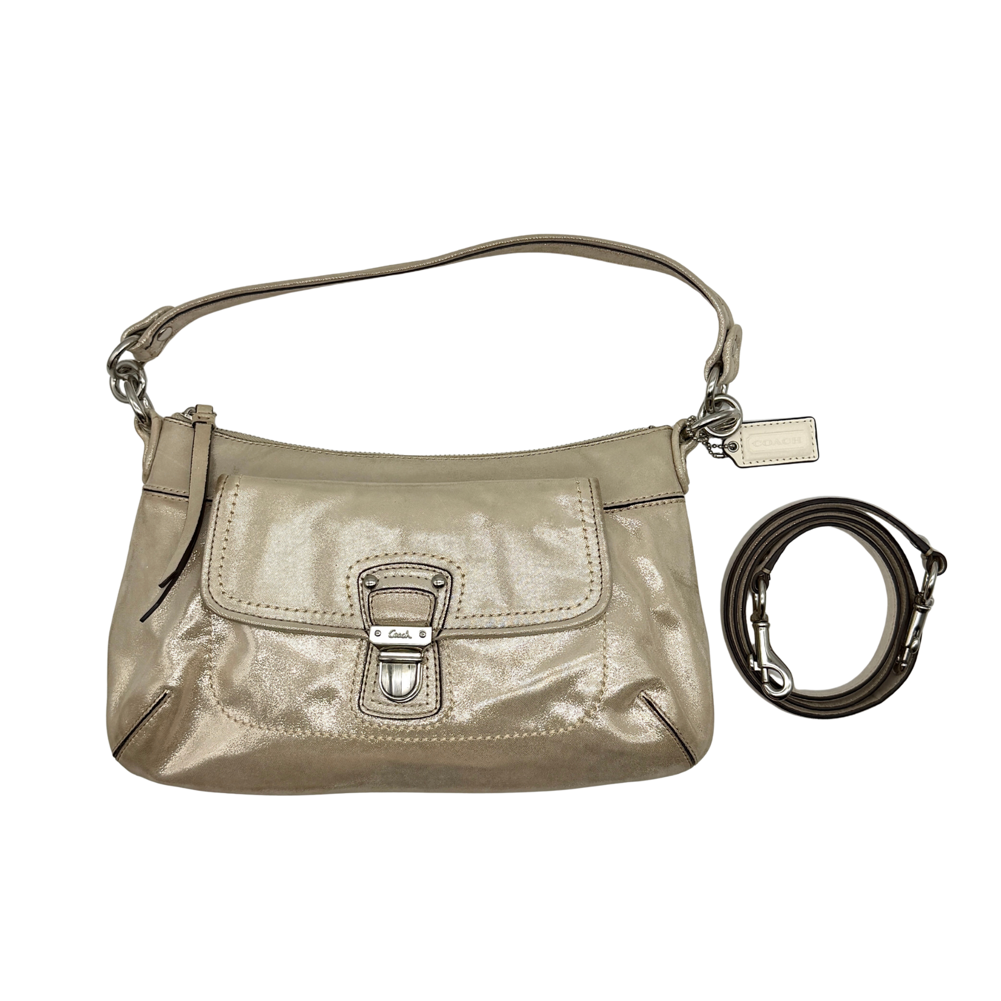 Coach 2Way Signature Shoulder Bag Metallic Beige