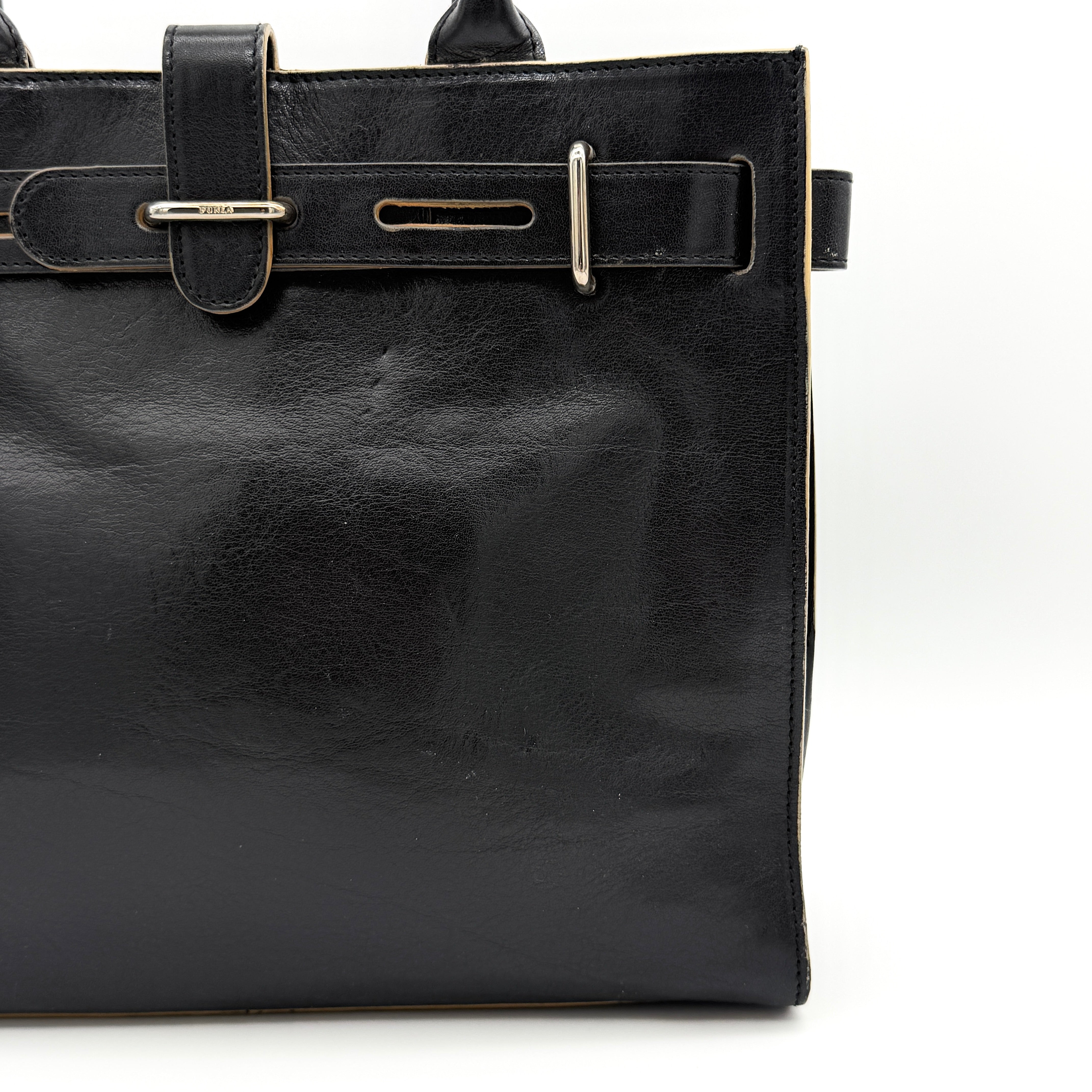 Furla Logo Plaque Leather Tote Bag Black
