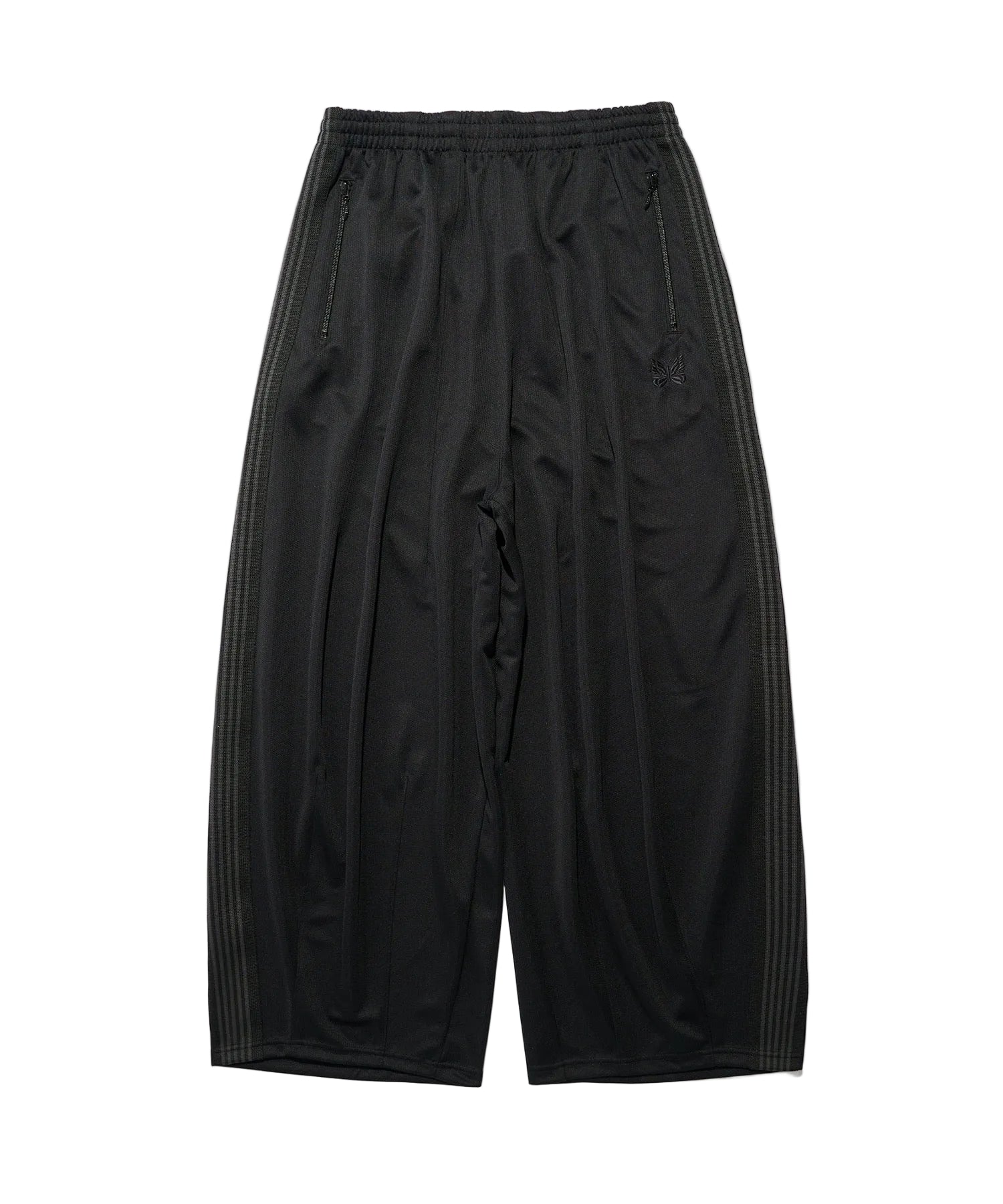 Needles H.D. Poly Mesh Track Pant in black with a relaxed wide-leg cut and tonal stripes.