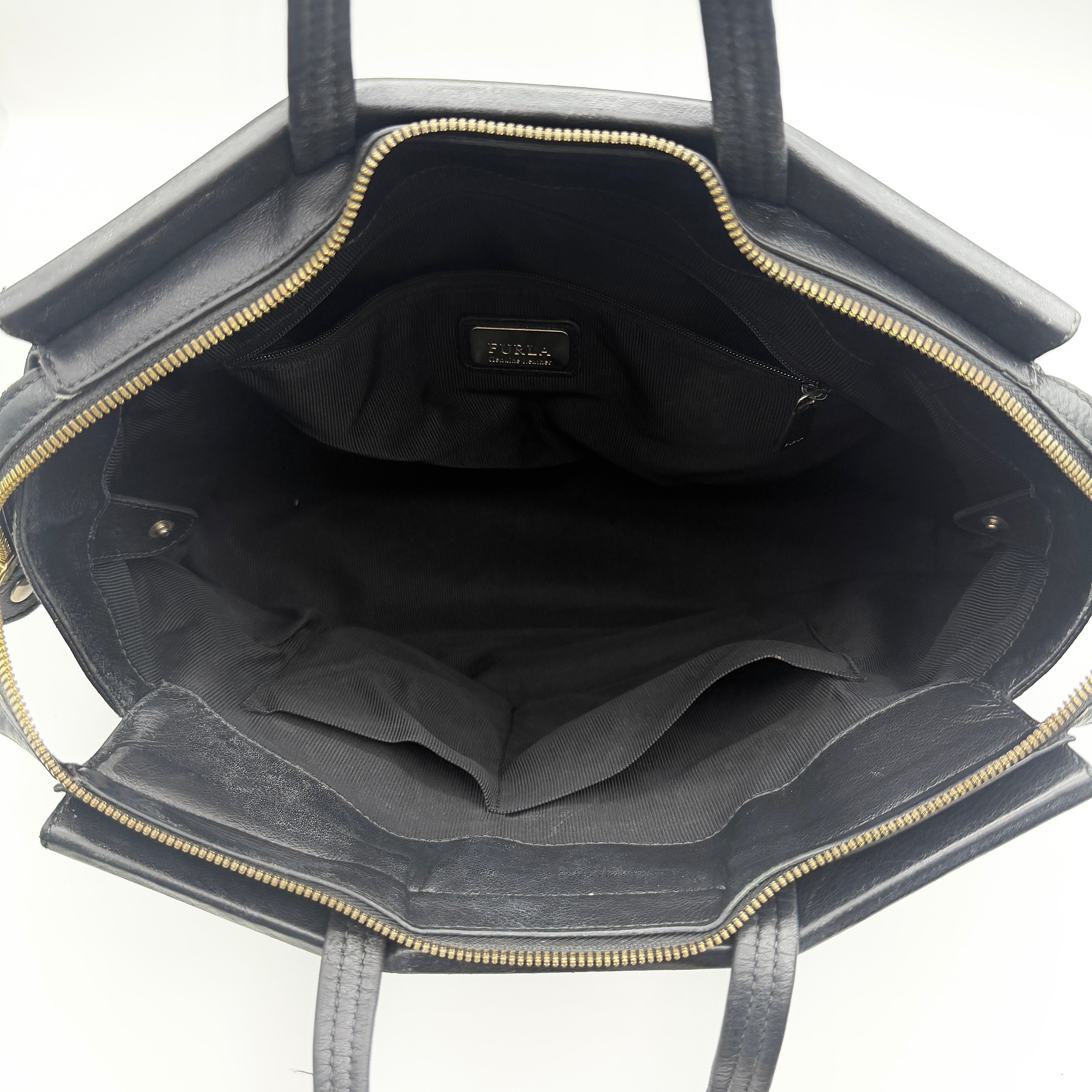 Furla 2Way Leather Zip Top Tote Bag Black