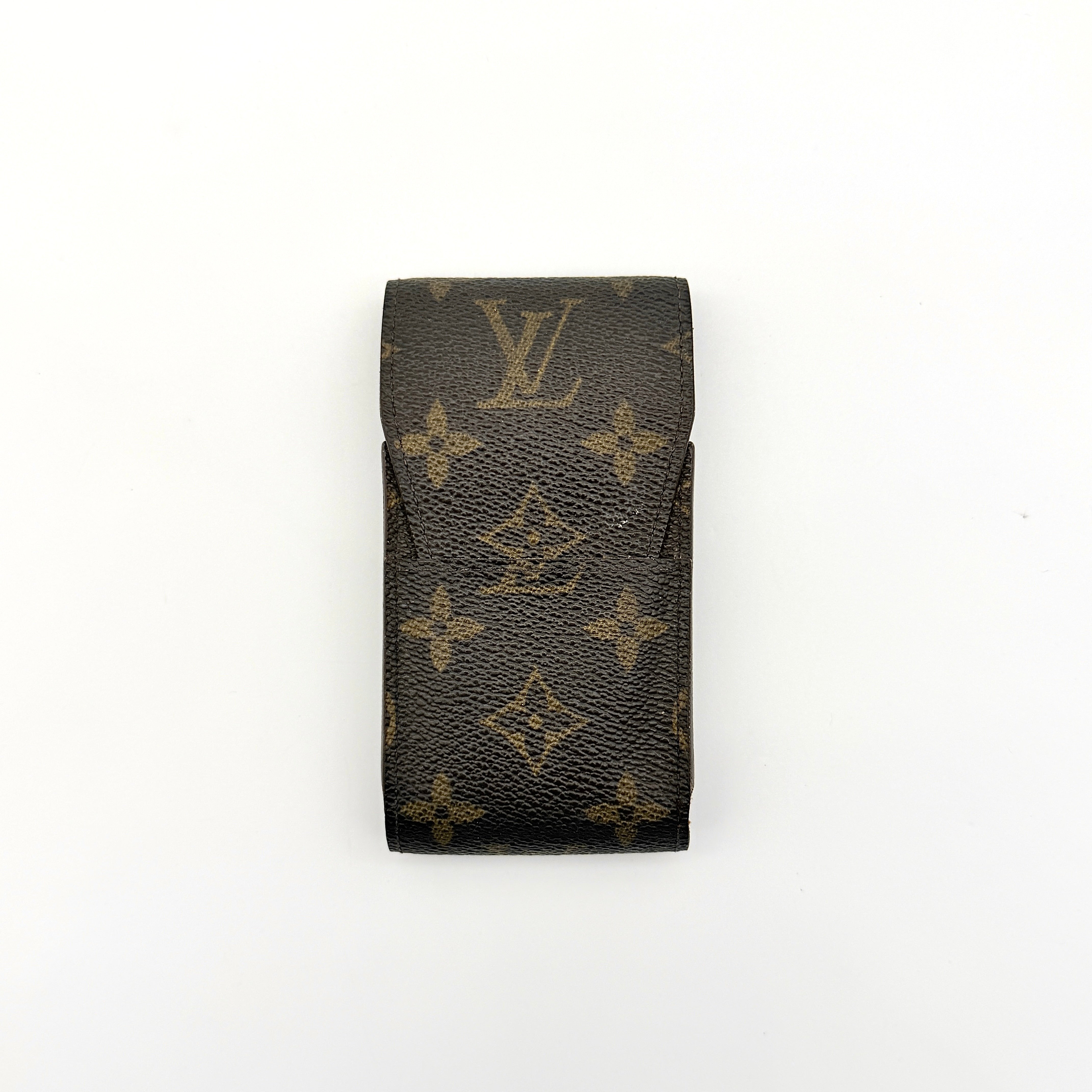 Louis Vuitton Monogram cigarette case in brown coated canvas with flap top, shown from the front.