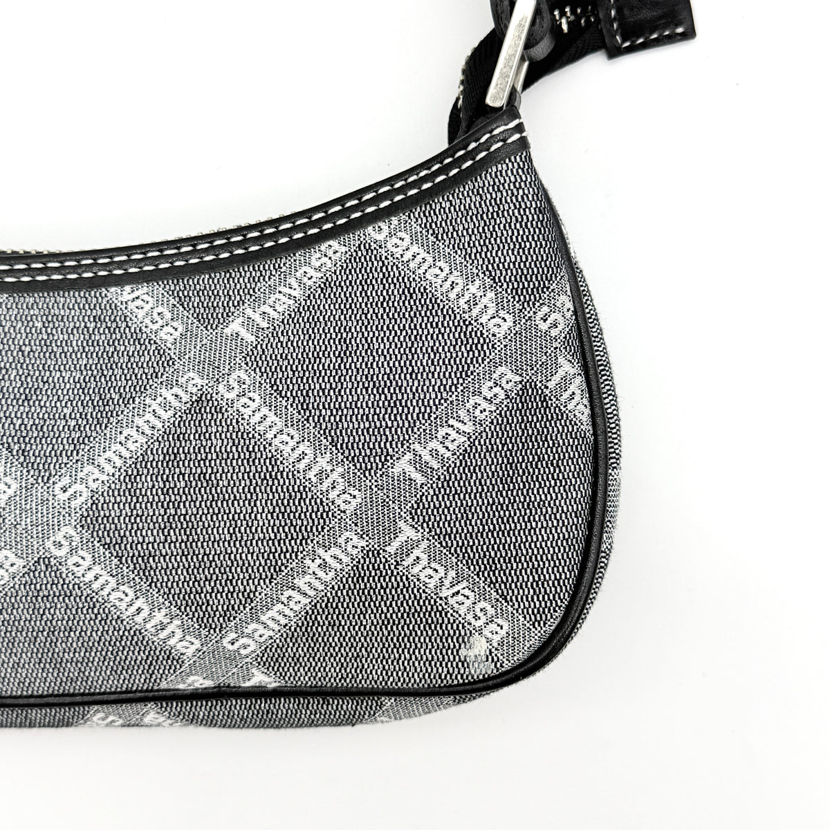 Samantha Thavasa Monogram Baguette Shoulder Bag in grey and black with all-over logo print and black strap.