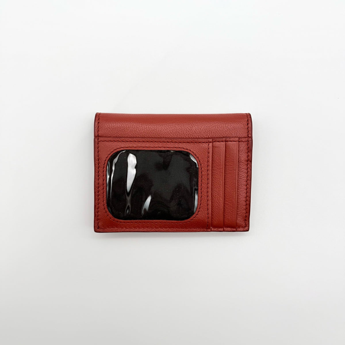 See by Chloé red leather card case with gold-tone ring detail, shown with authenticity card.