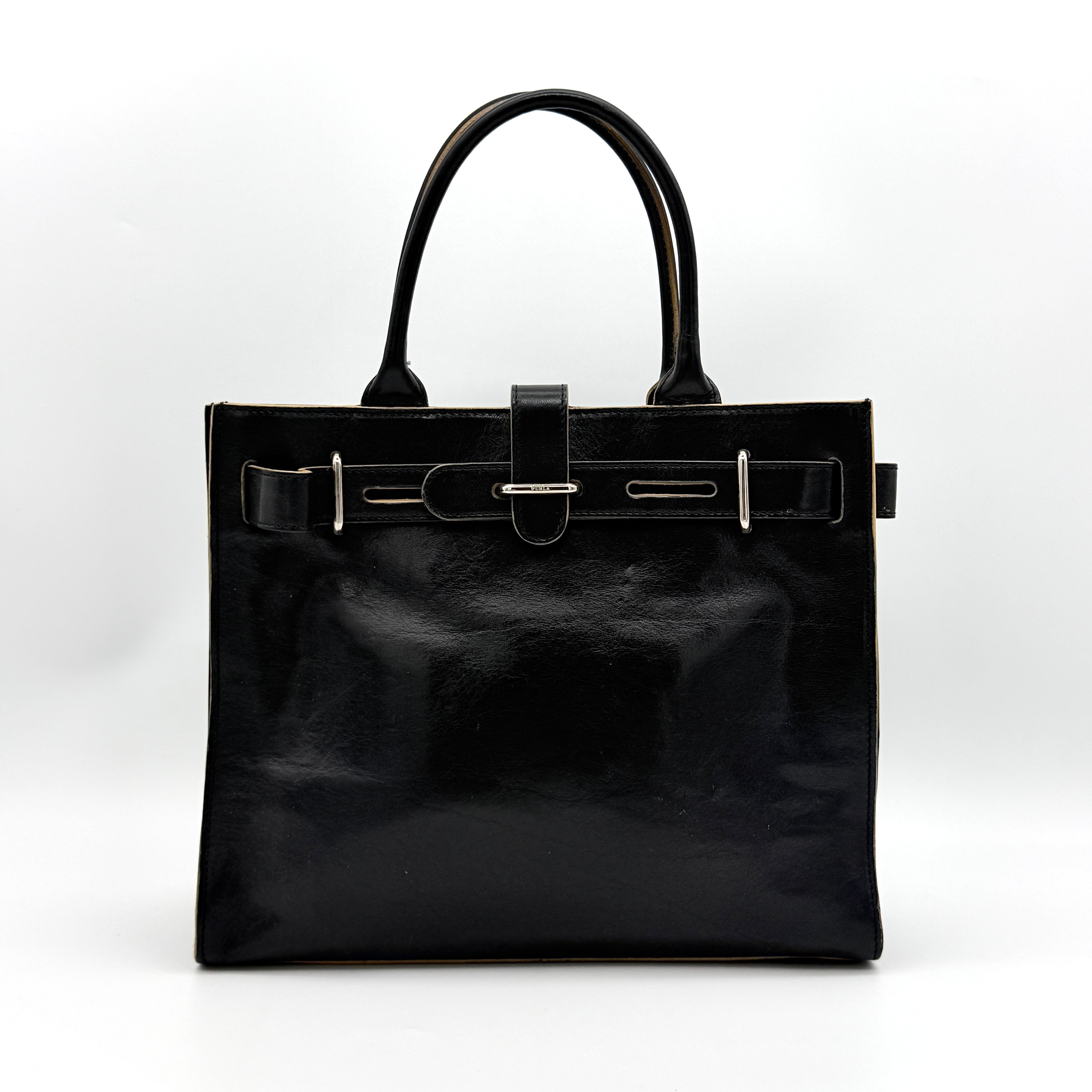 Furla Logo Plaque Leather Tote Bag Black