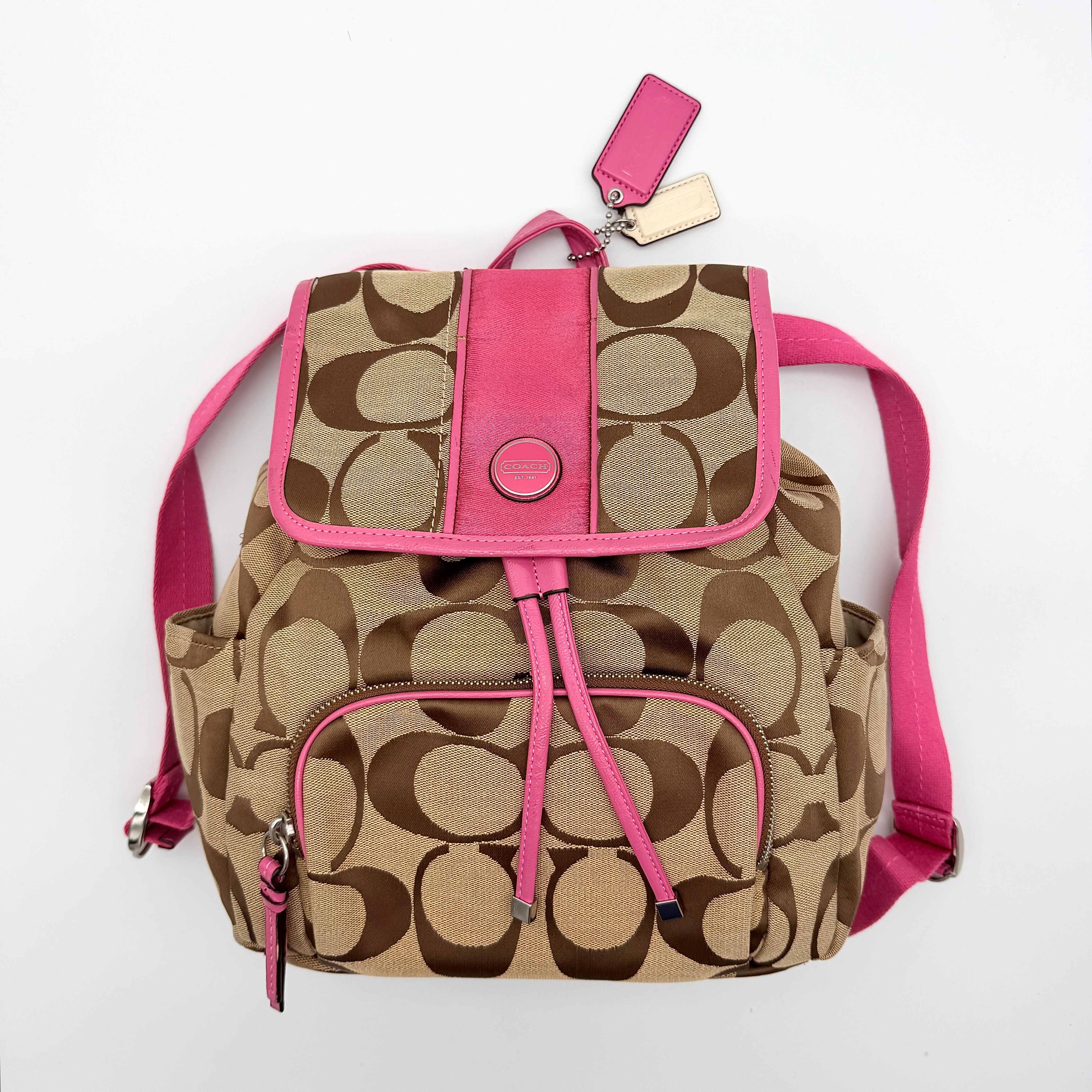 Coach Signature Stripe Mini Backpack Beige/Pink