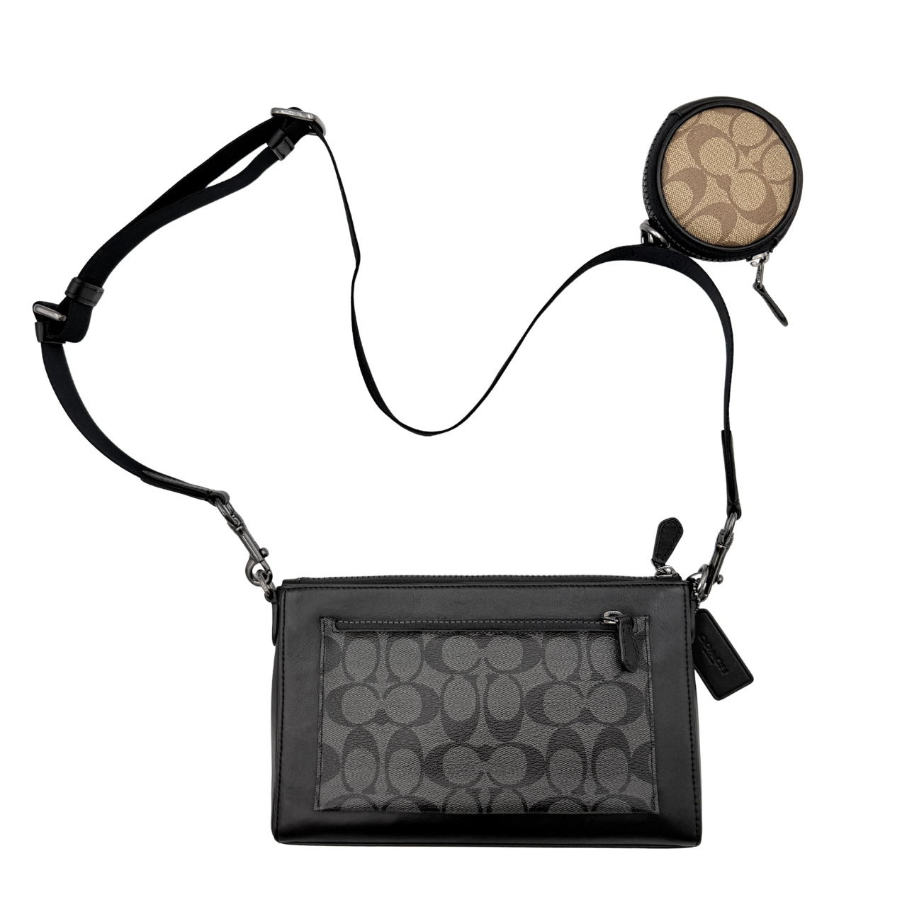 Coach Signature Holden Crossbody Bag in black with beige round coin pouch, featuring coated canvas and leather panels against a white background.