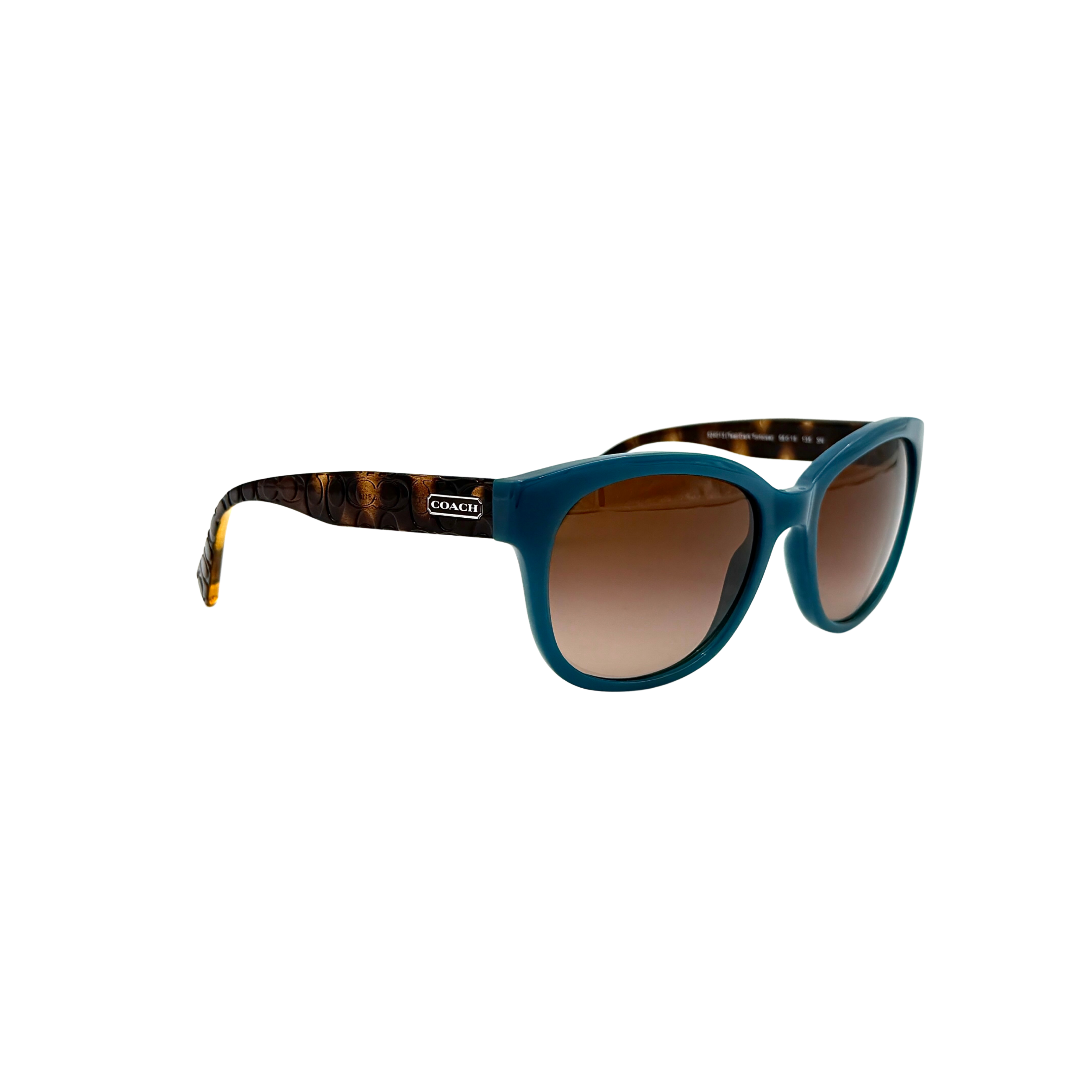 Coach HC8110 sunglasses in teal and dark tortoiseshell acetate with gradient brown lenses, shown at a three-quarter angle.