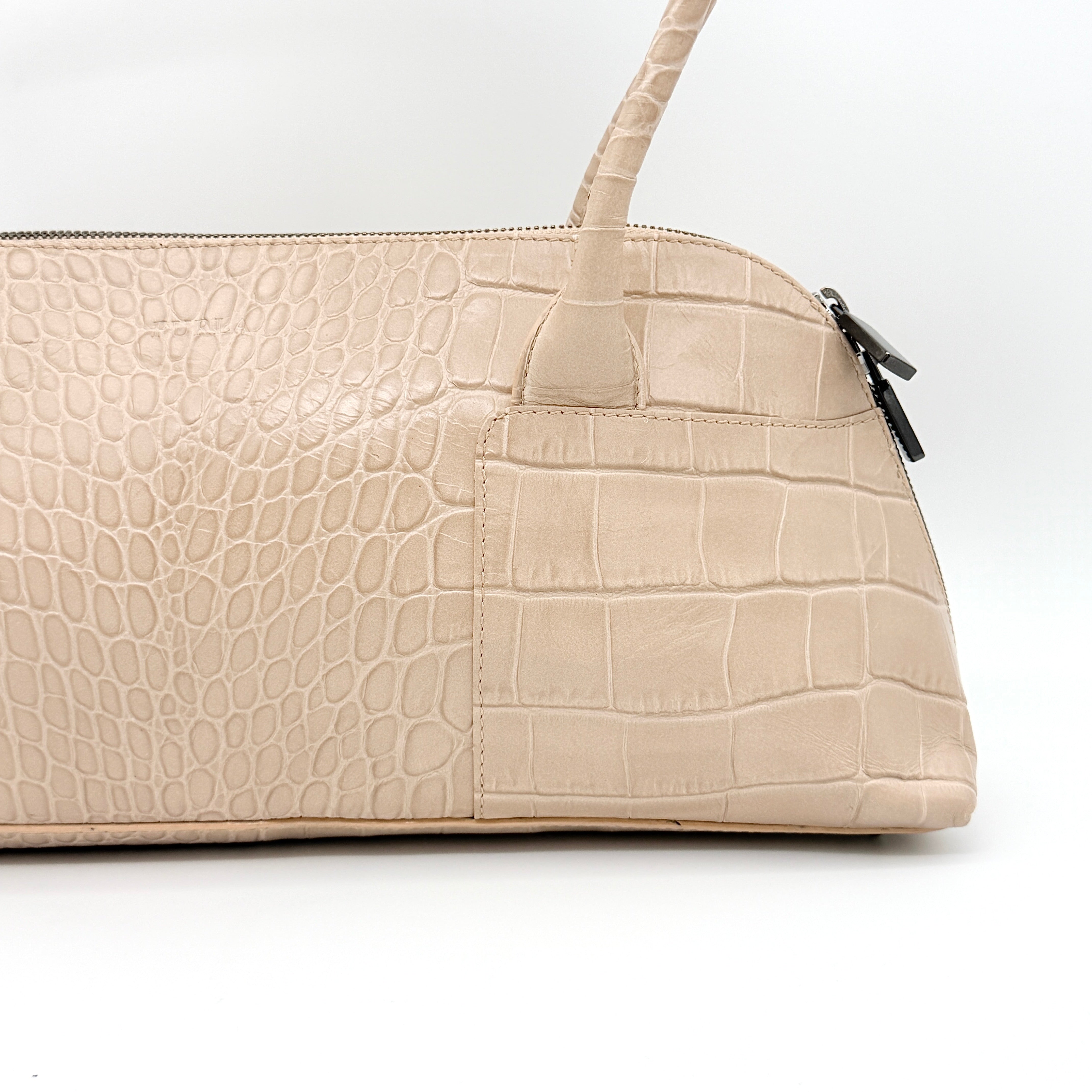 Furla Croc Embossed Leather Shoulder Bag Beige